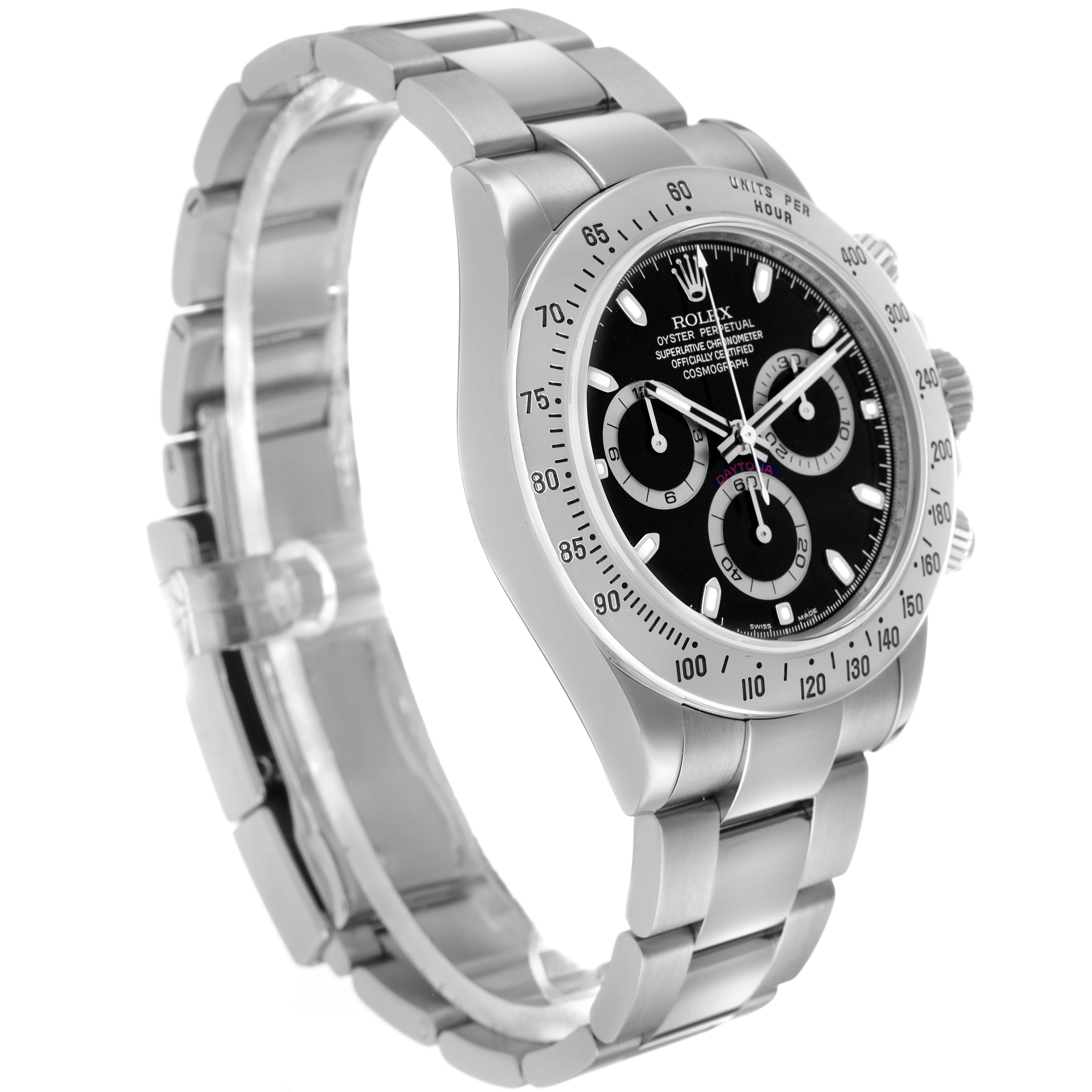The Rolex Daytona 116520 Men's Stainless Steel Black Dial watch is shown at a three-quarter angle, displaying the face, bezel, and bracelet.