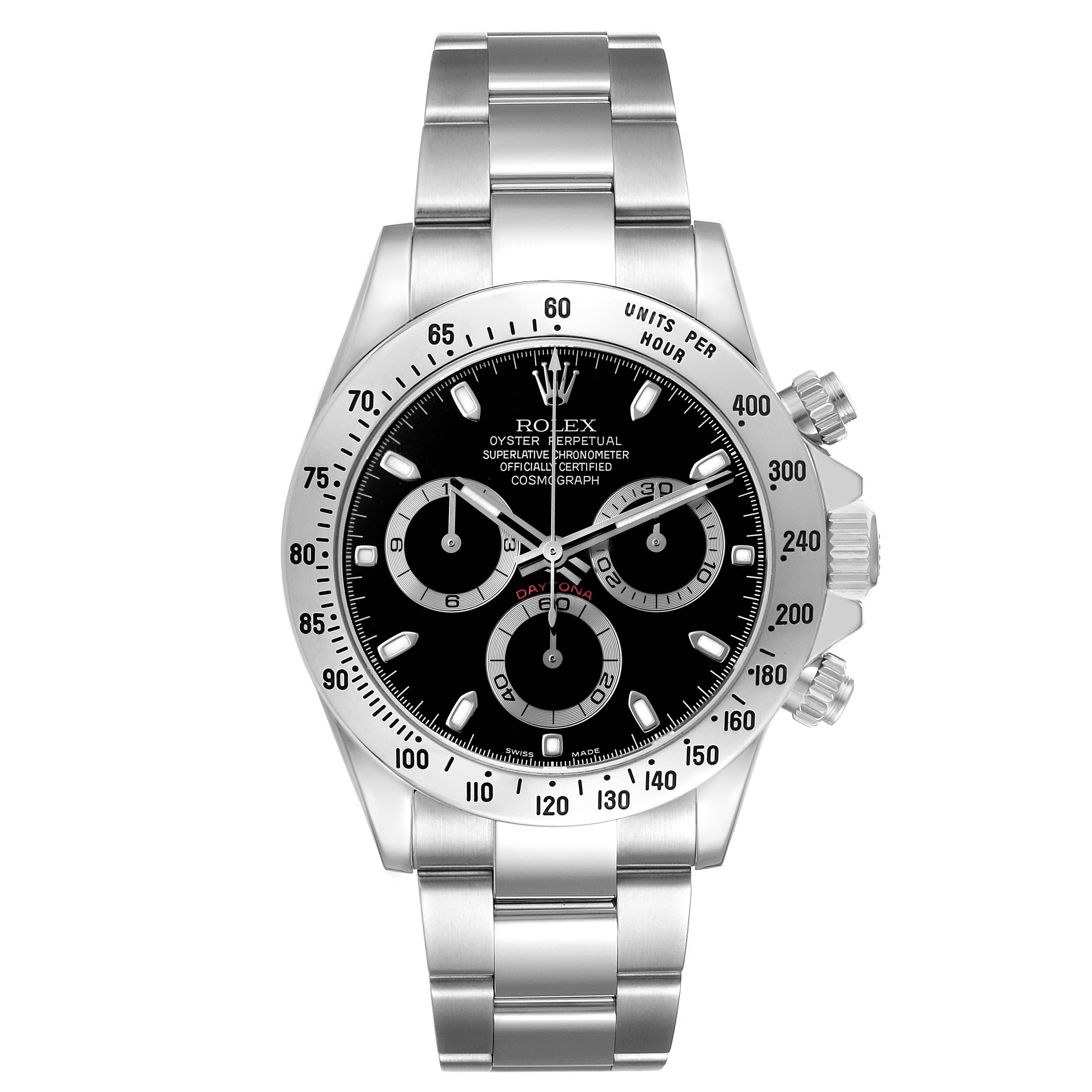 The Rolex Daytona 116520 Men's Stainless Steel Black Dial watch is shown from a frontal angle, displaying the dial, bezel, crown, pushers, and bracelet.
