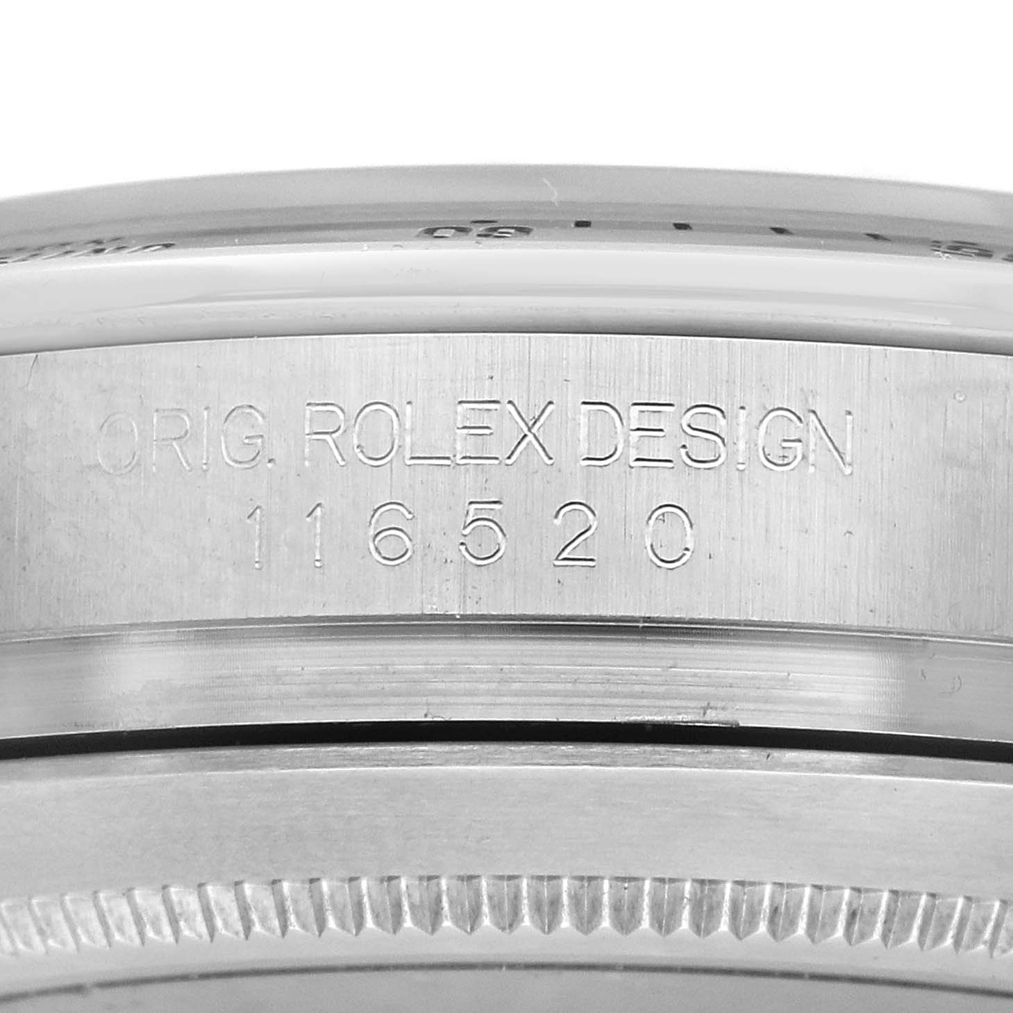 The image shows a close-up of the side of a Rolex Daytona 116520 Men's Stainless Steel Black Dial, highlighting the engraved model number and "ORIG. ROLEX DESIGN."