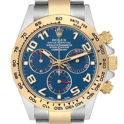 The Rolex Daytona 116503 Men's Steel and Gold (two tone) Blue Dial watch is shown from a front angle, highlighting its blue dial, gold bezel, and chronograph subdials.