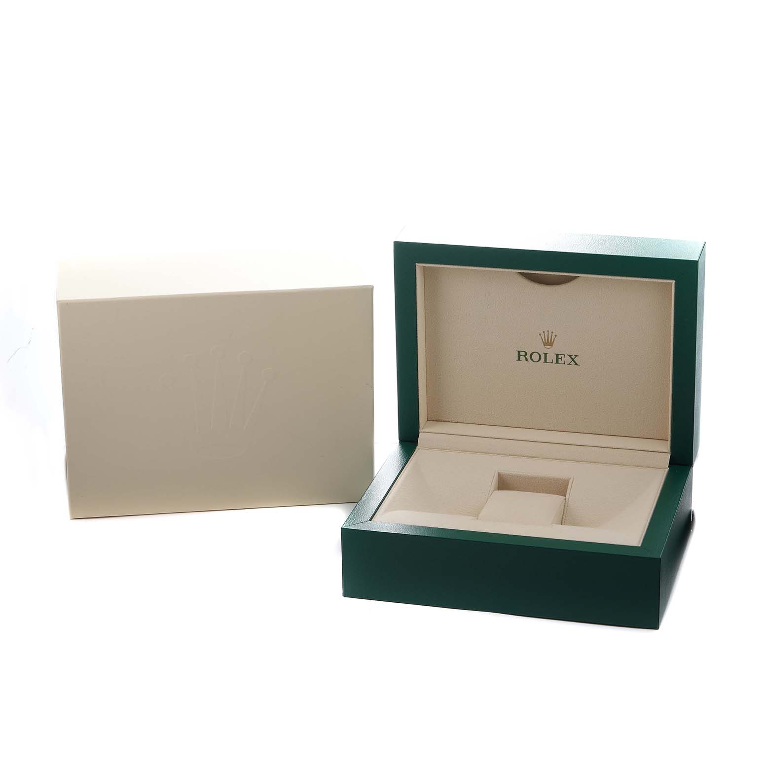 The image shows an open Rolex watch box angled slightly from the side, with the brand logo visible inside, designed for a Daytona model.