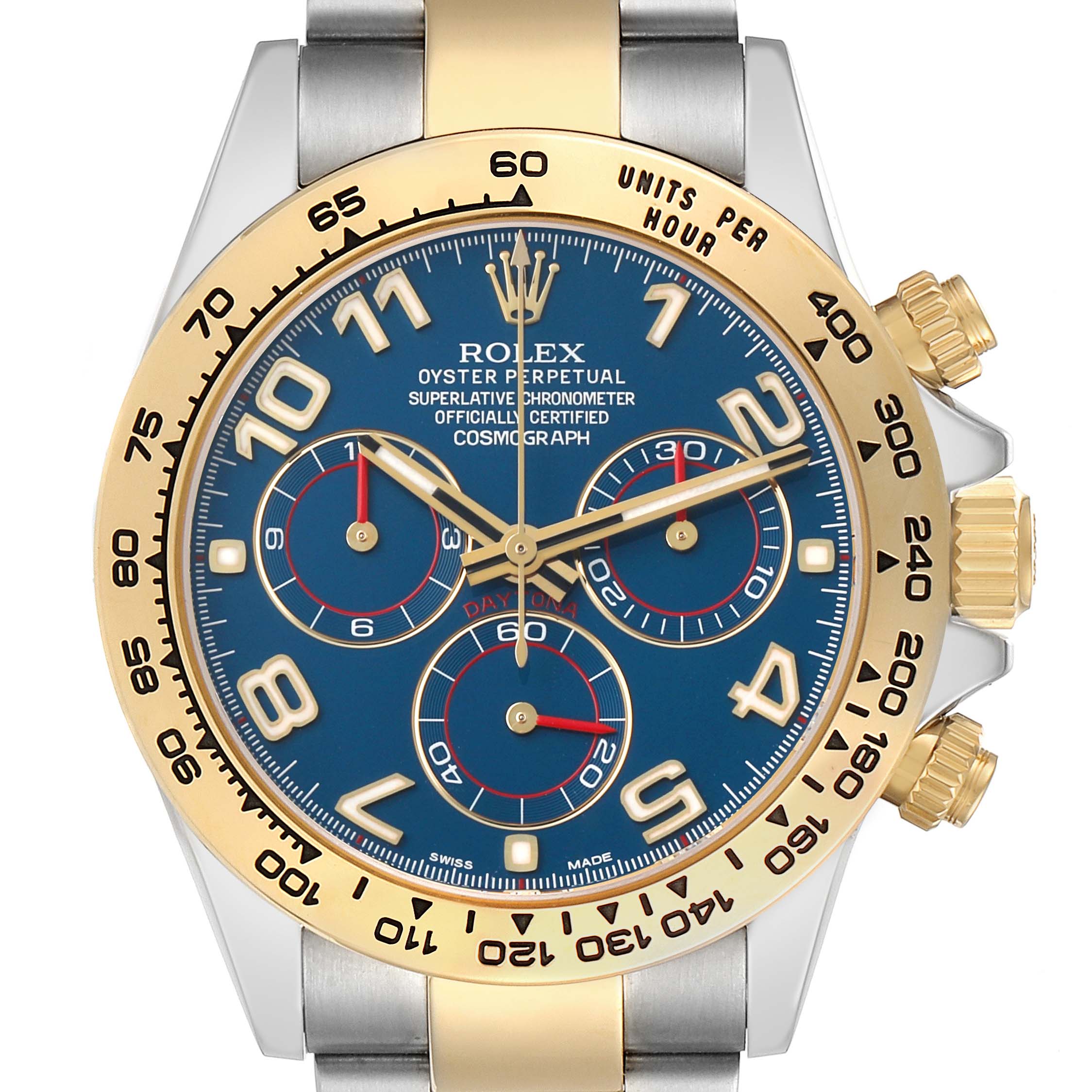 The image shows a frontal view of the Rolex Daytona 116503 Men's Steel and Gold (two tone) Blue Dial watch, highlighting its blue dial, gold bezel, and pushers.