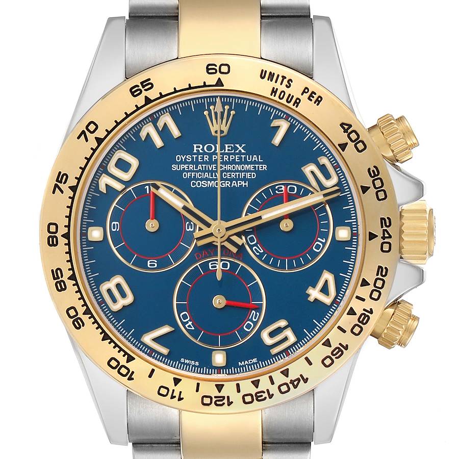 The image shows a frontal view of the Rolex Daytona 116503 Men's Steel and Gold (two tone) Blue Dial watch, highlighting its blue dial, gold bezel, and pushers.