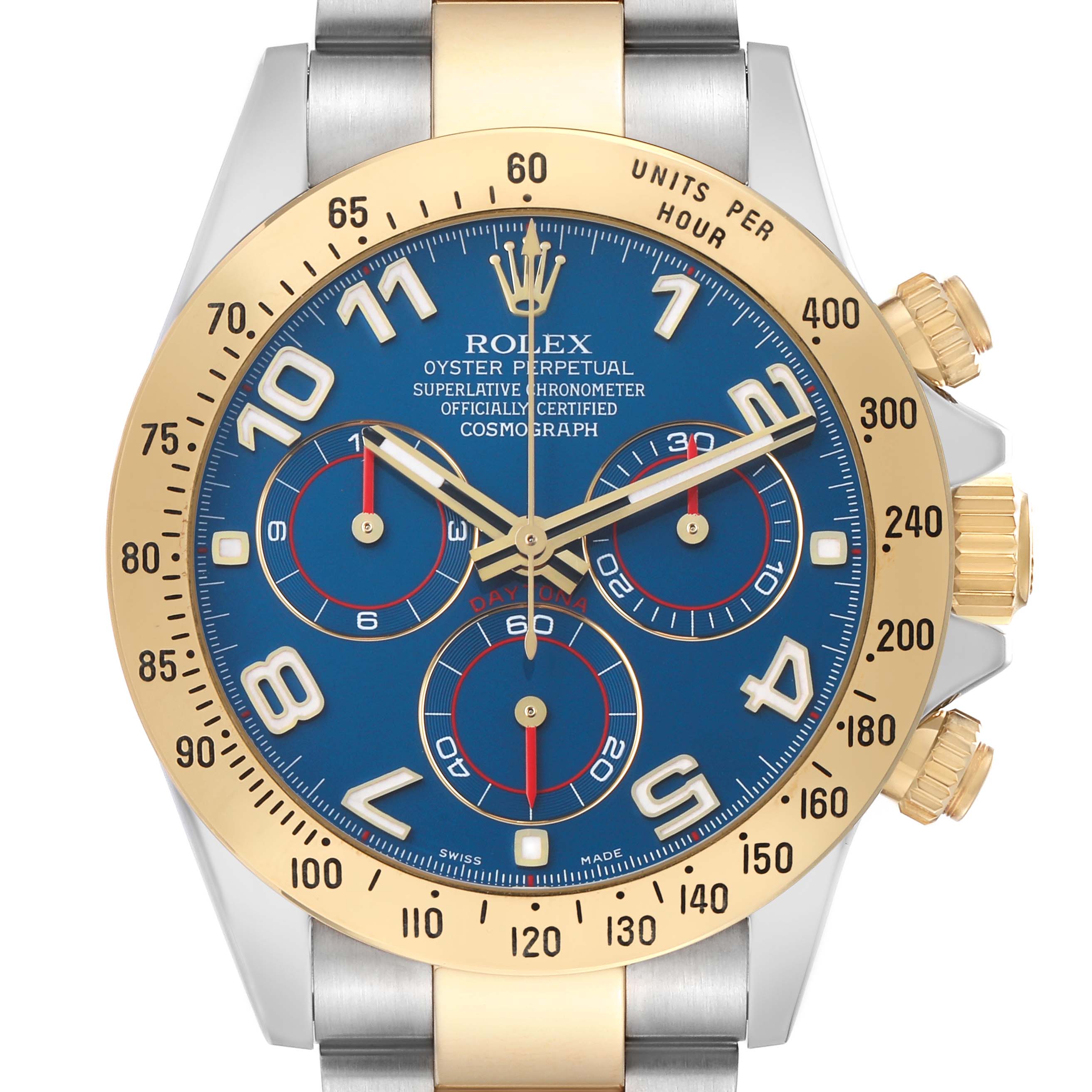 The image shows the Rolex Daytona 116523 Men's Steel and Gold (two tone) Blue Dial watch's face, bezel, and part of the bracelet from a front angle.