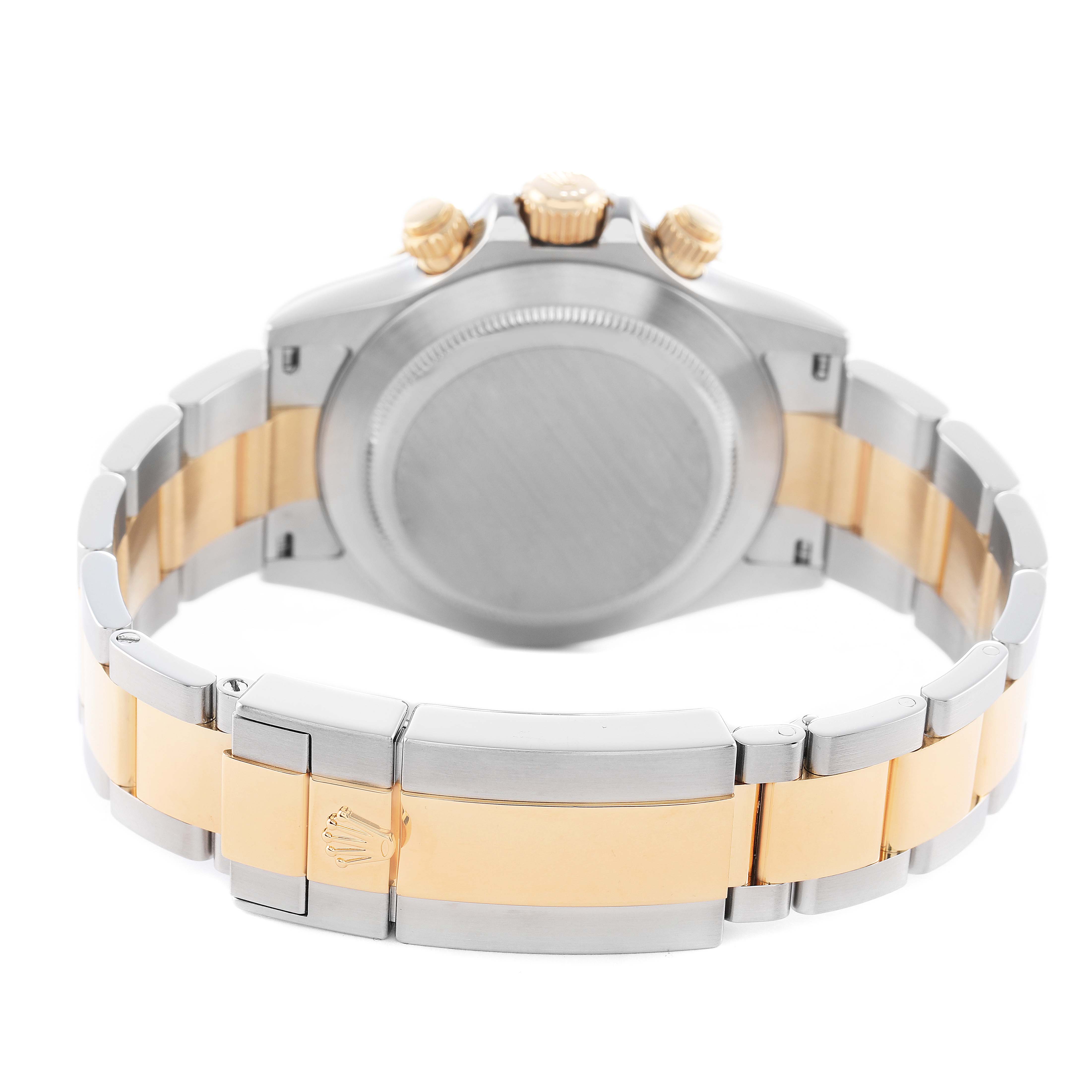 The image shows the back view of a Rolex Daytona 116523 Men's Steel and Gold (two tone) Blue Dial watch, highlighting the bracelet and clasp.