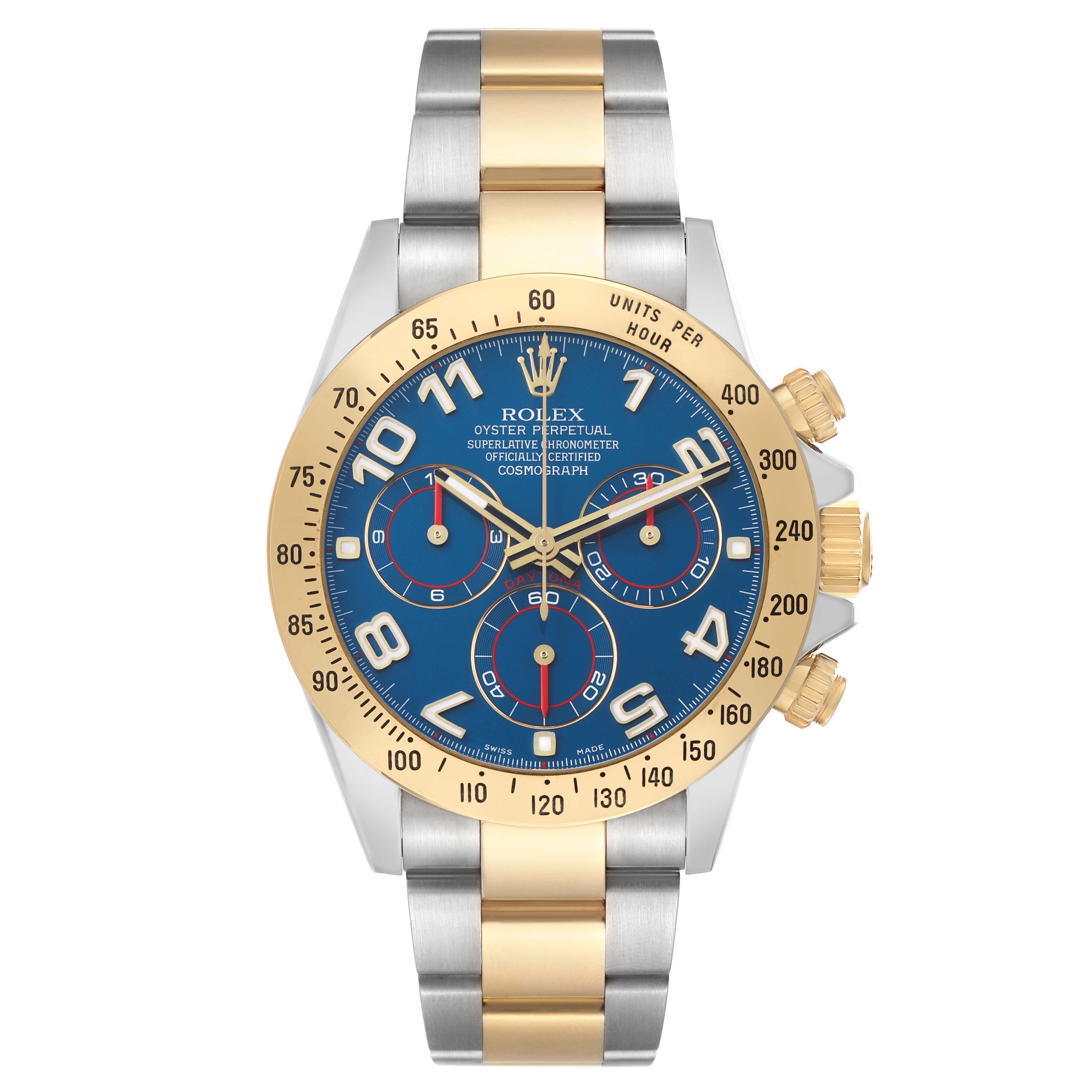 The Rolex Daytona 116523 Men's Steel and Gold (two tone) Blue Dial watch is shown from the front, displaying its blue dial, gold bezel, and bi-metal bracelet.