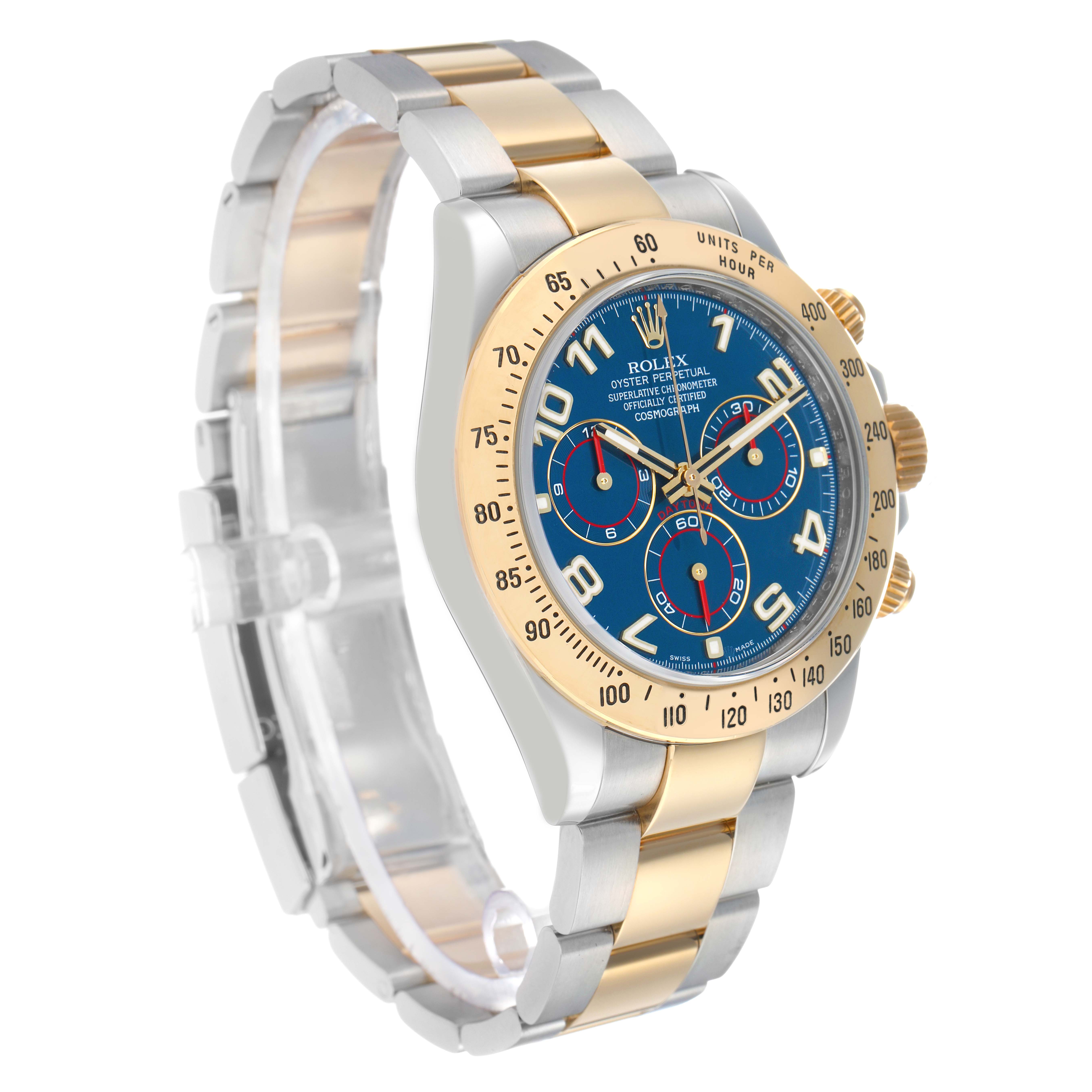 The Rolex Daytona 116523 Men's Steel and Gold (two tone) Blue Dial watch is shown at a front angle, highlighting the blue dial, gold bezel, and two-tone bracelet.