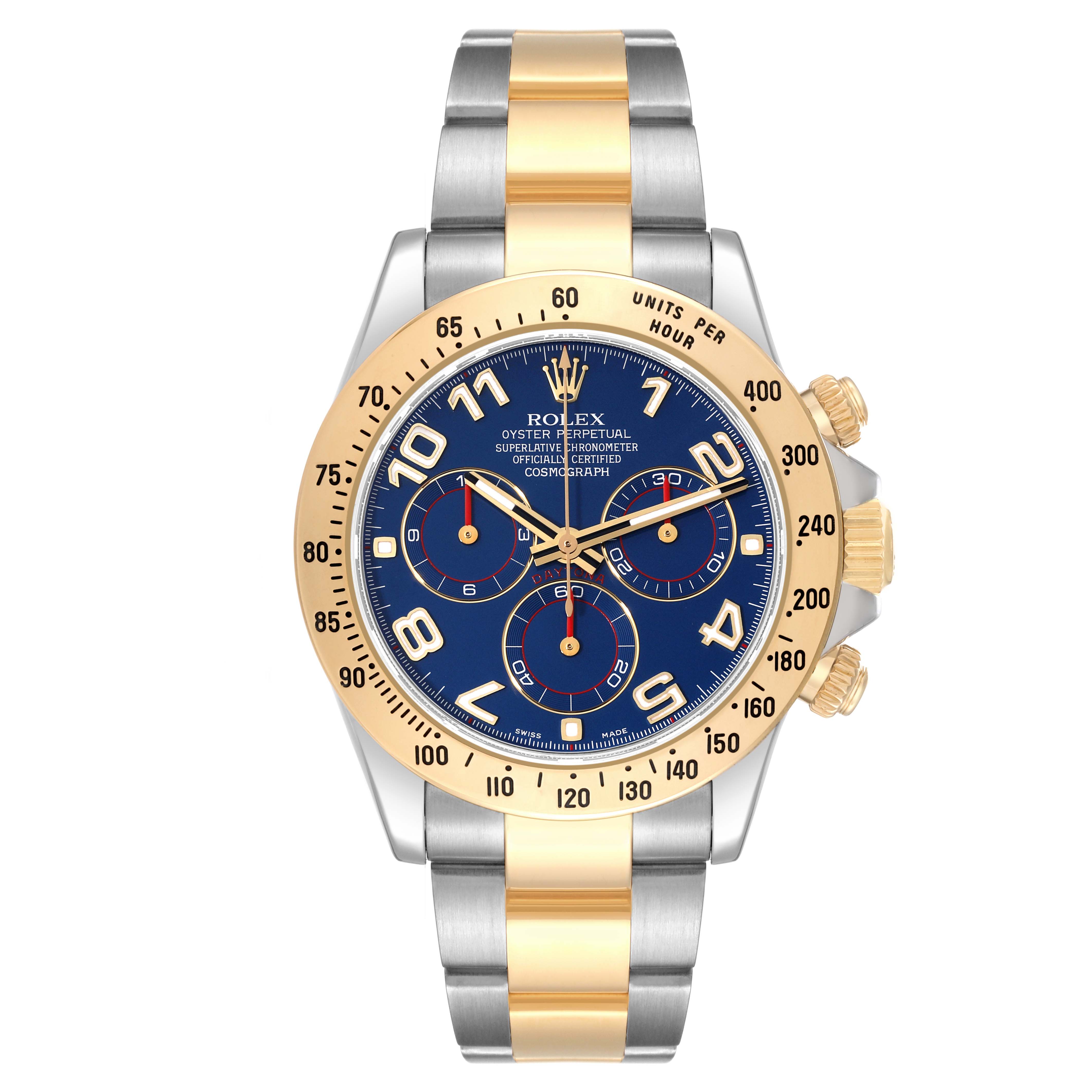 This image shows a frontal view of the Rolex Daytona 116523 Men's Steel and Gold (two tone) Blue Dial 116523 Men's Steel and Gold (two tone) Blue Dial watch, highlighting its dial, bezel, bracelet, and crown.