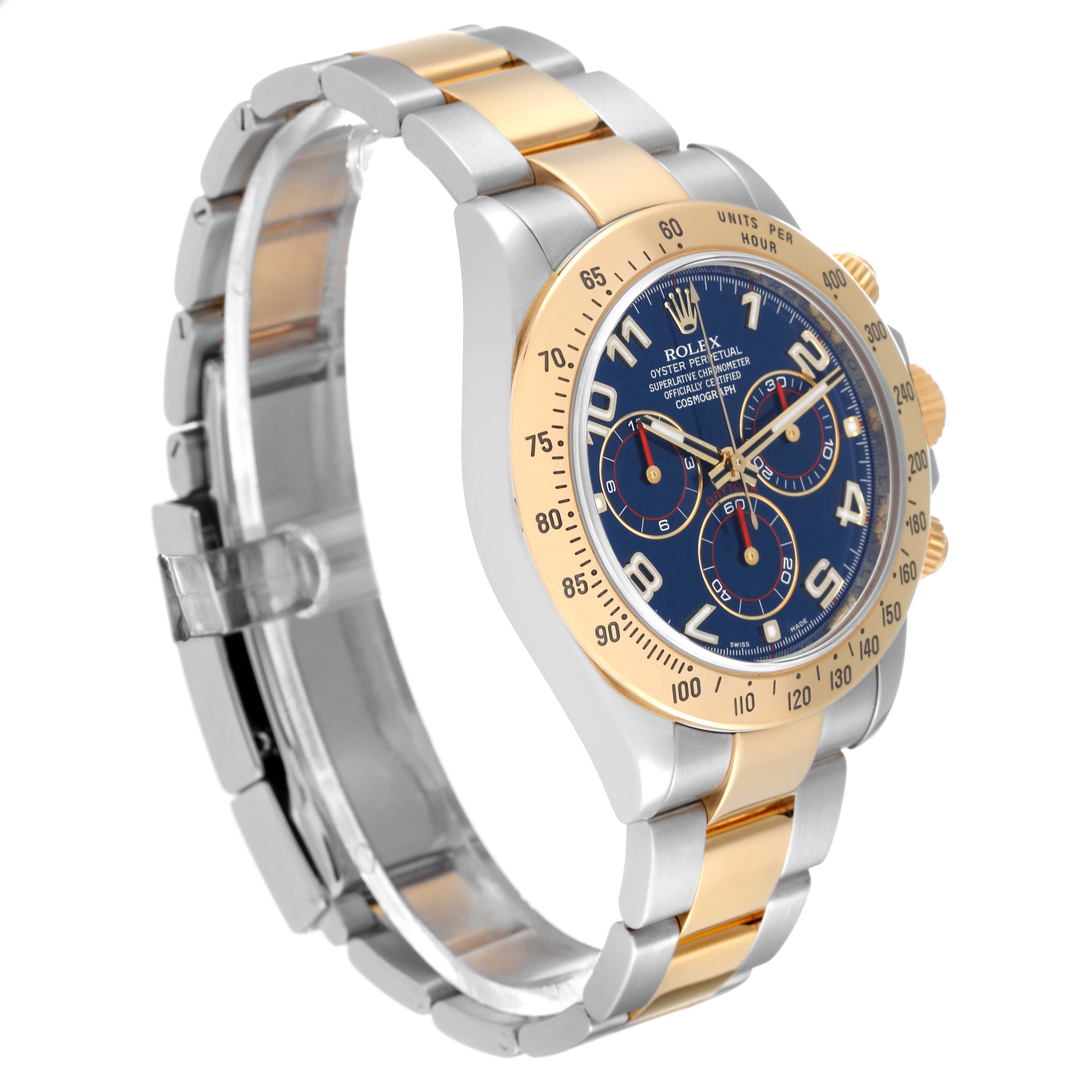 This image shows a Rolex Daytona 116523 Men's Steel and Gold (two tone) Blue Dial 116523 Men's Steel and Gold (two tone) Blue Dial watch at a slightly angled side view, highlighting the bracelet, bezel, and face details.