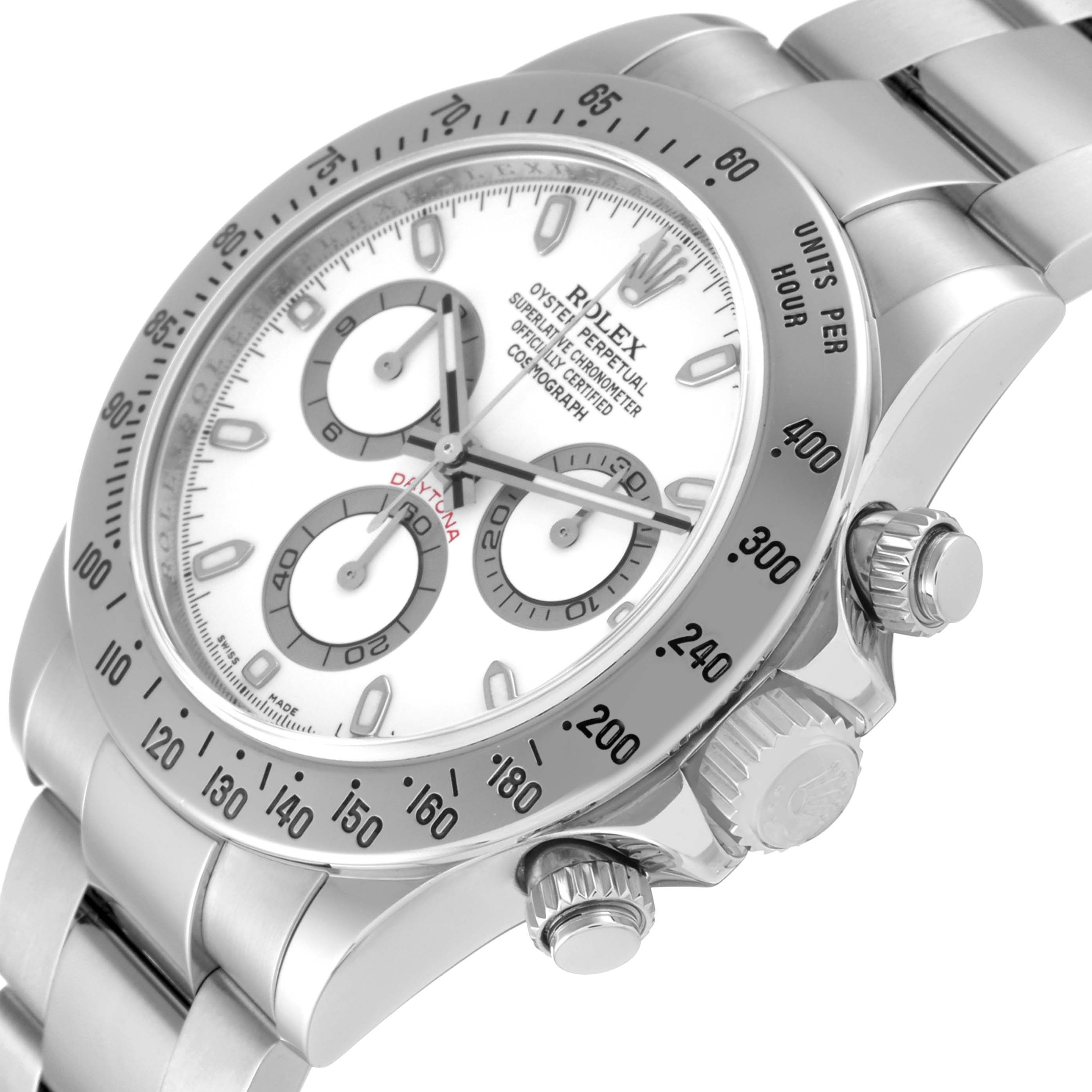 This image shows a close-up, angled view of the Rolex Daytona 116520 Men's Stainless Steel White Dial 116520 Men's Stainless Steel White Dial watch, highlighting its face, bezel, and side buttons.