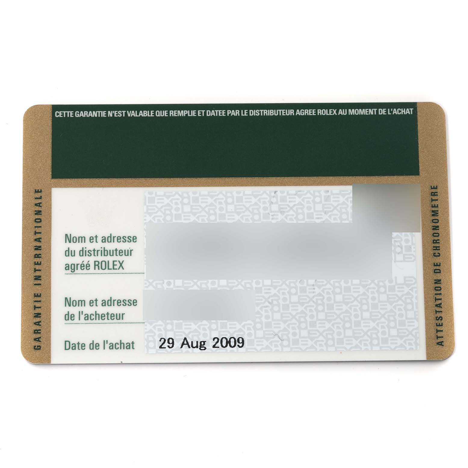 The image shows a warranty card for a Rolex Daytona 116520 Men's Stainless Steel White Dial 116520 Men's Stainless Steel White Dial watch, providing details such as purchase date and seller information.