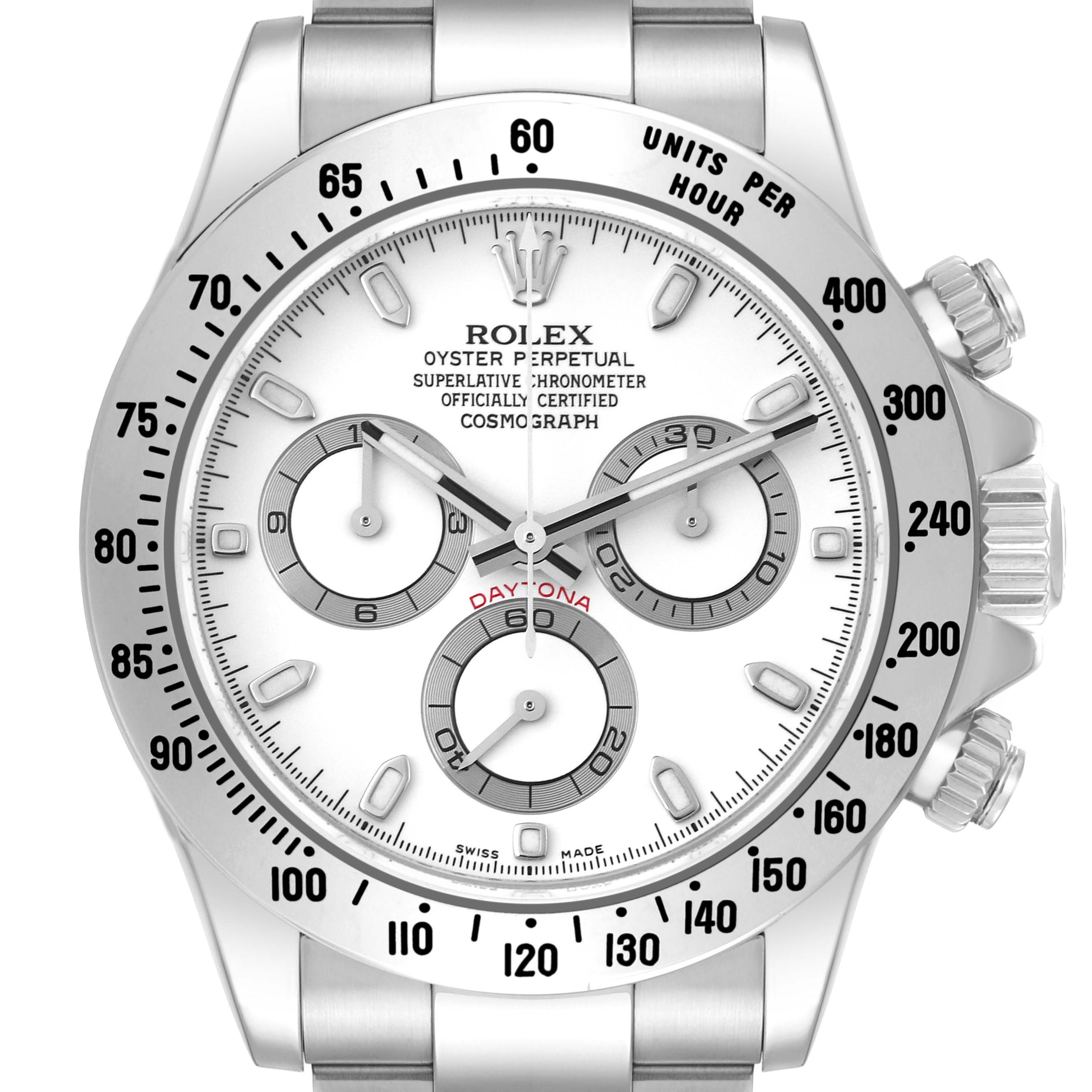 The image shows the front view of a Rolex Daytona 116520 Men's Stainless Steel White Dial 116520 Men's Stainless Steel White Dial watch, highlighting its dial, bezel, and subdials.
