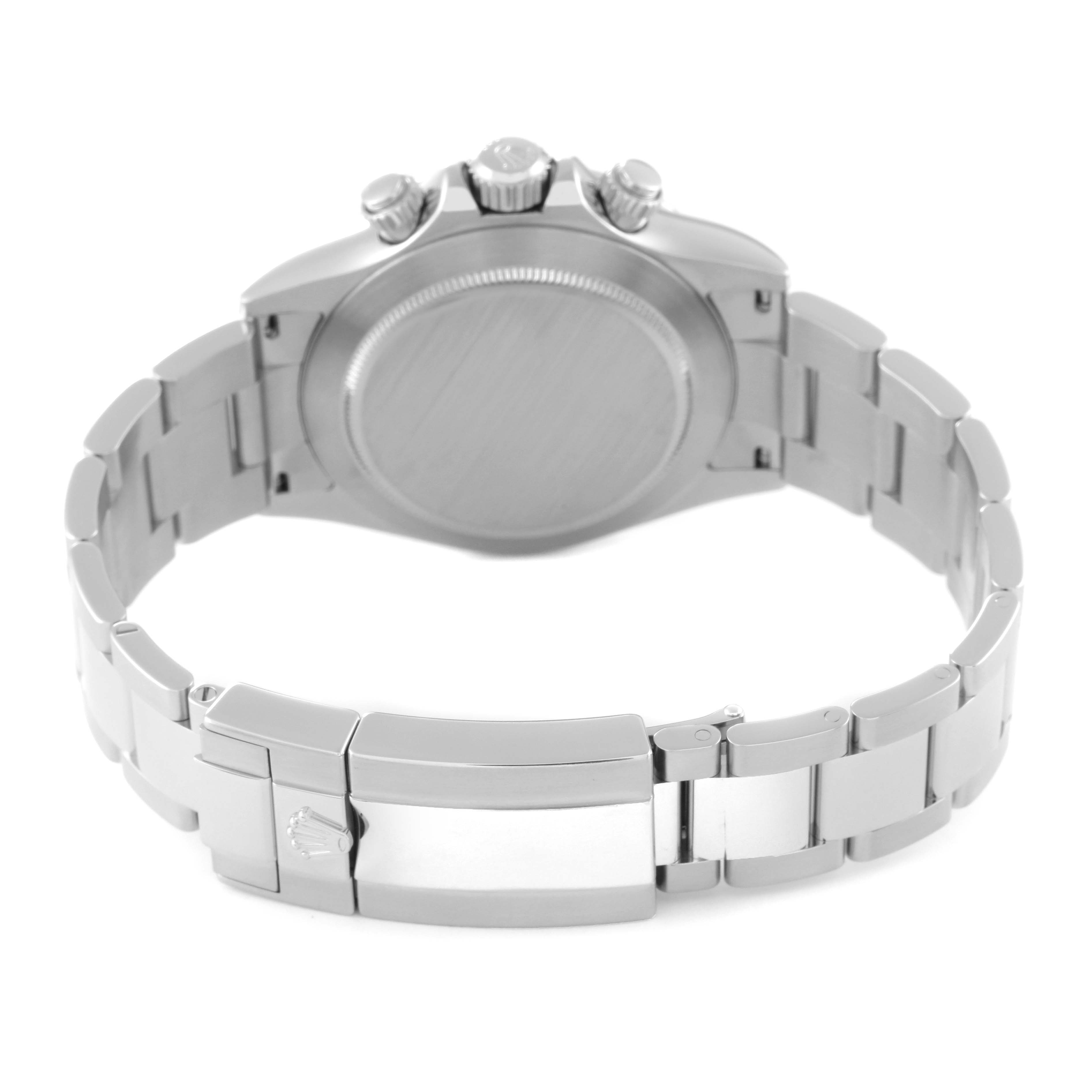 The image shows the back view of the Rolex Daytona 116520 Men's Stainless Steel White Dial 116520 Men's Stainless Steel White Dial watch, highlighting its bracelet, clasp, and caseback.