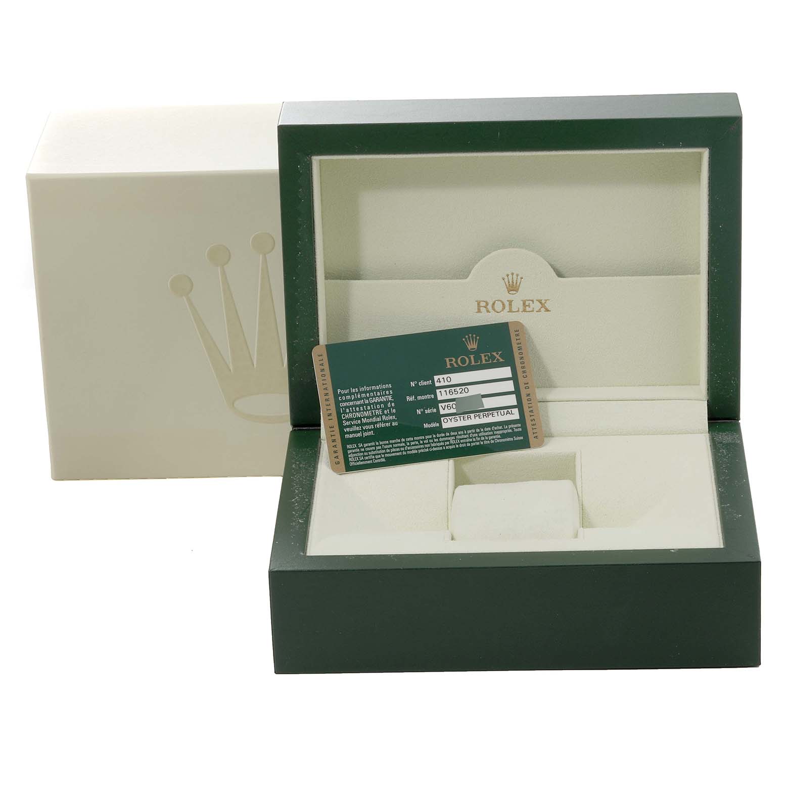 The image shows an open Rolex Daytona 116520 Men's Stainless Steel White Dial 116520 Men's Stainless Steel White Dial watch box with a registration card inside.