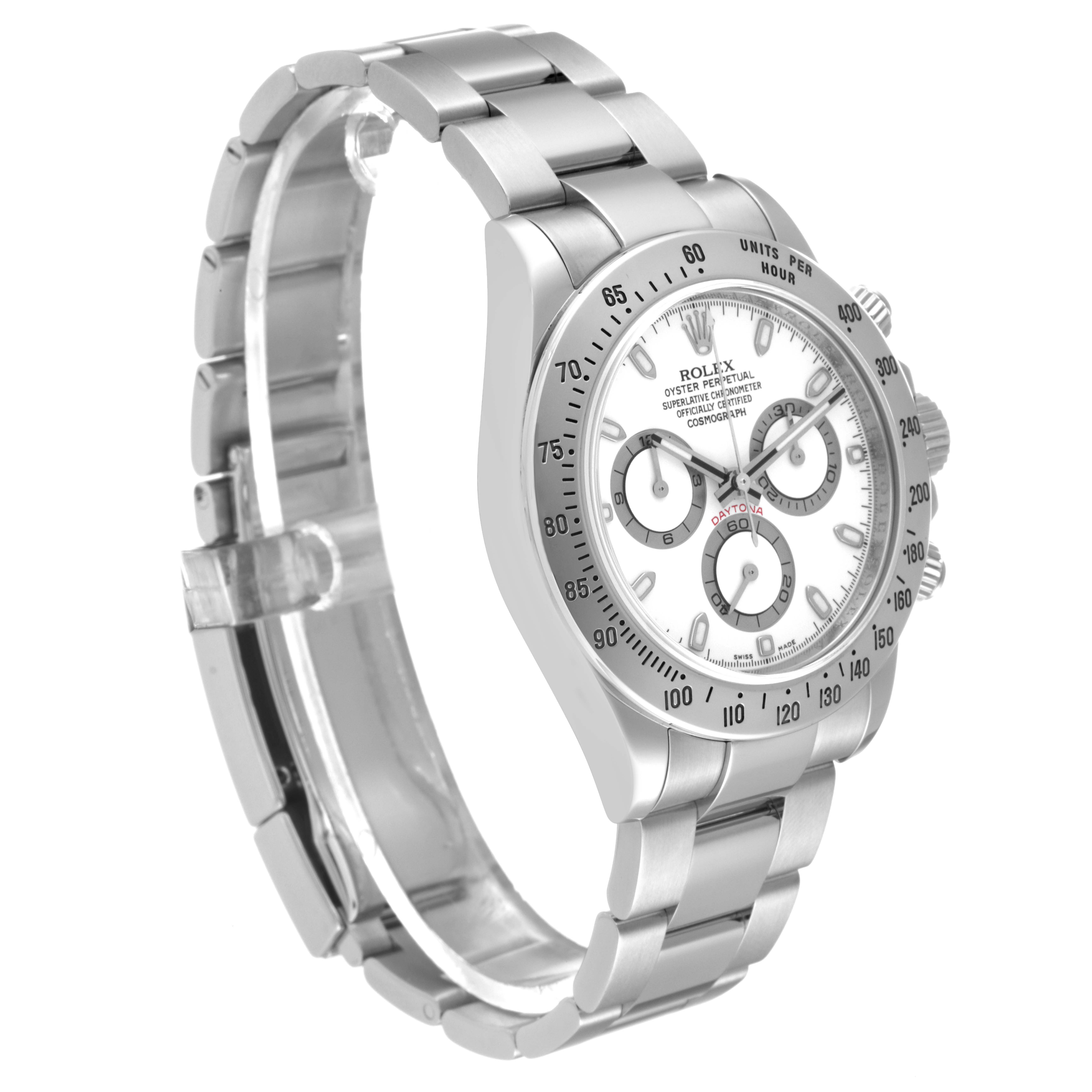 The image shows a side angle view of a Rolex Daytona 116520 Men's Stainless Steel White Dial 116520 Men's Stainless Steel White Dial watch, highlighting the dial, bracelet, and bezel.