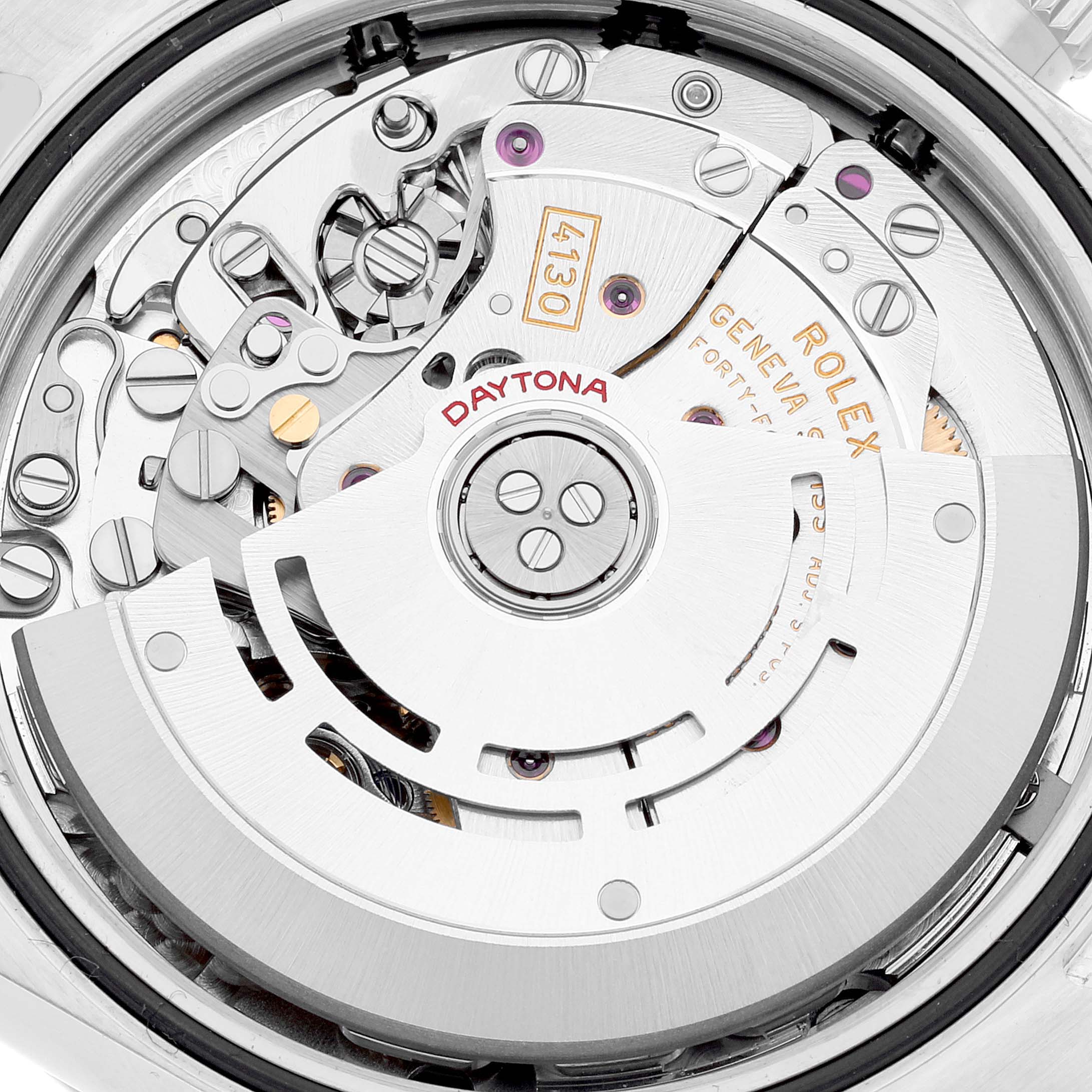 This image shows the intricate movement mechanism of a Rolex Daytona 116520 Men's Stainless Steel White Dial 116520 Men's Stainless Steel White Dial watch viewed from the back.