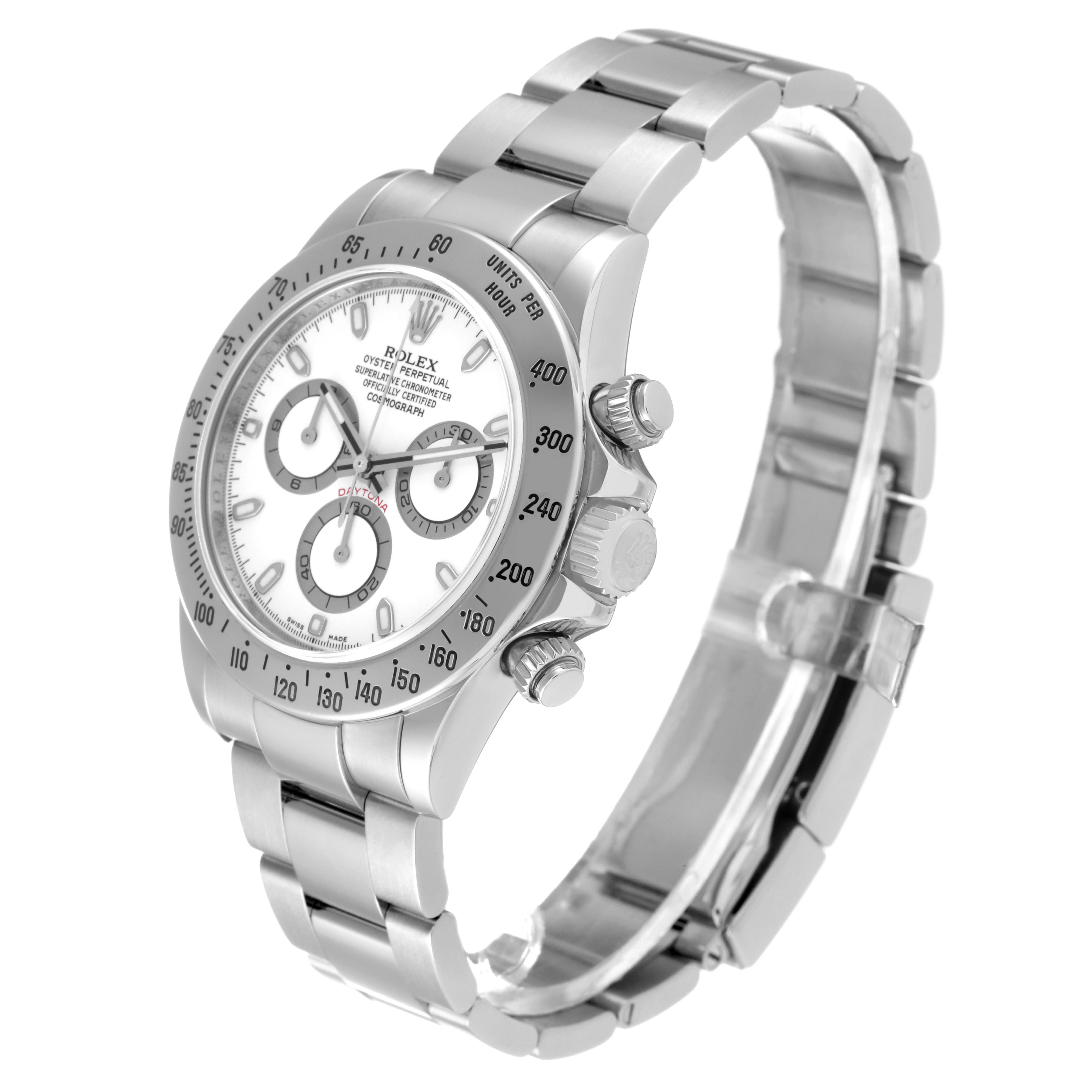 The Rolex Daytona 116520 Men's Stainless Steel White Dial 116520 Men's Stainless Steel White Dial watch is shown at a slight left-side angle, displaying its face, chronograph dials, and metallic bracelet.