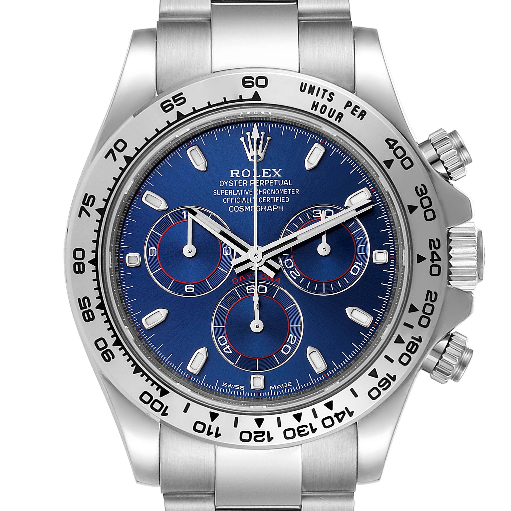 The image shows a frontal view of the Rolex Daytona 116509 Men's White Gold Blue Dial 116509 Men's White Gold Blue Dial watch, highlighting its blue dial, chronograph subdials, and stainless steel band.