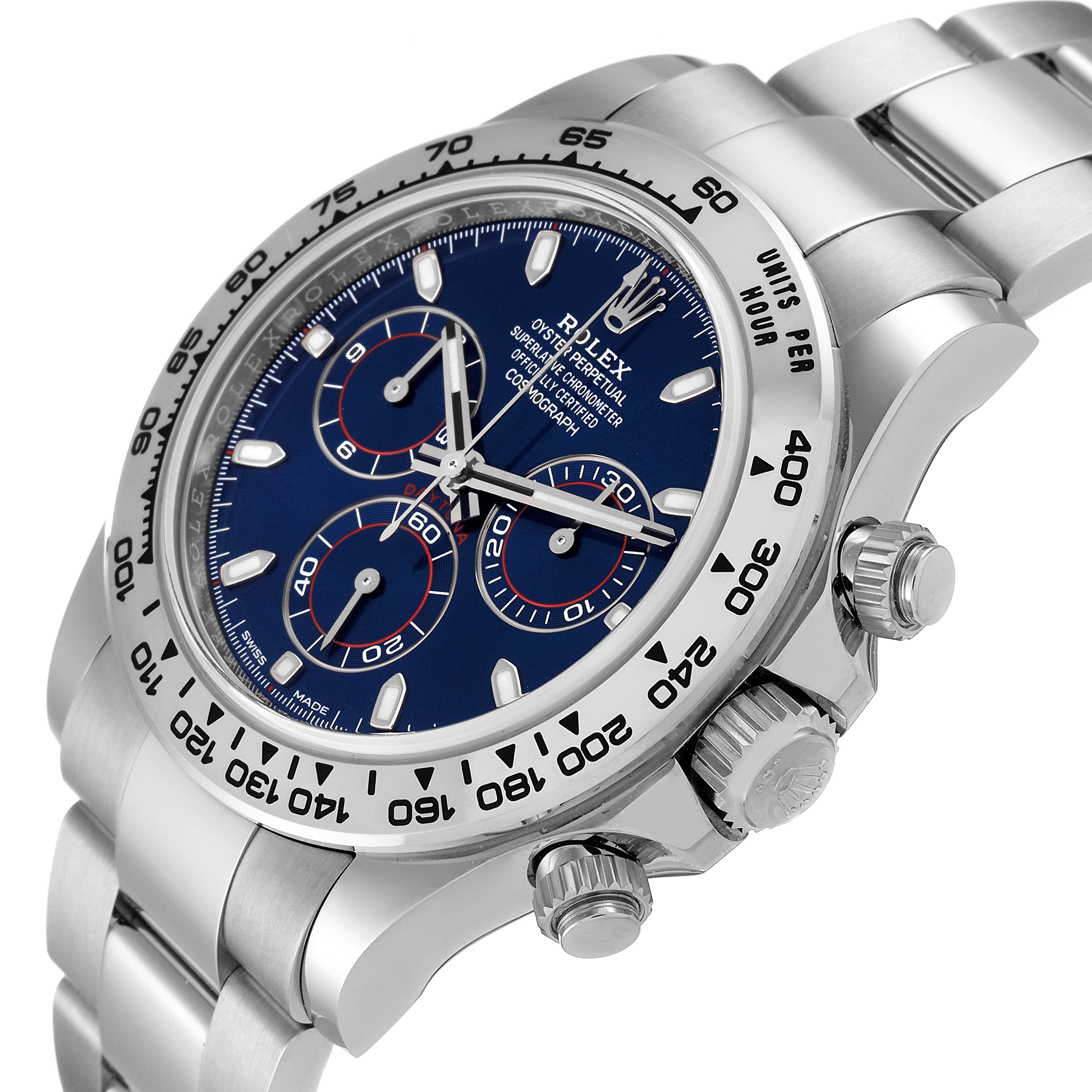 This image shows a side angle of the Rolex Daytona 116509 Men's White Gold Blue Dial 116509 Men's White Gold Blue Dial watch, highlighting its blue dial, bezel, and crown.