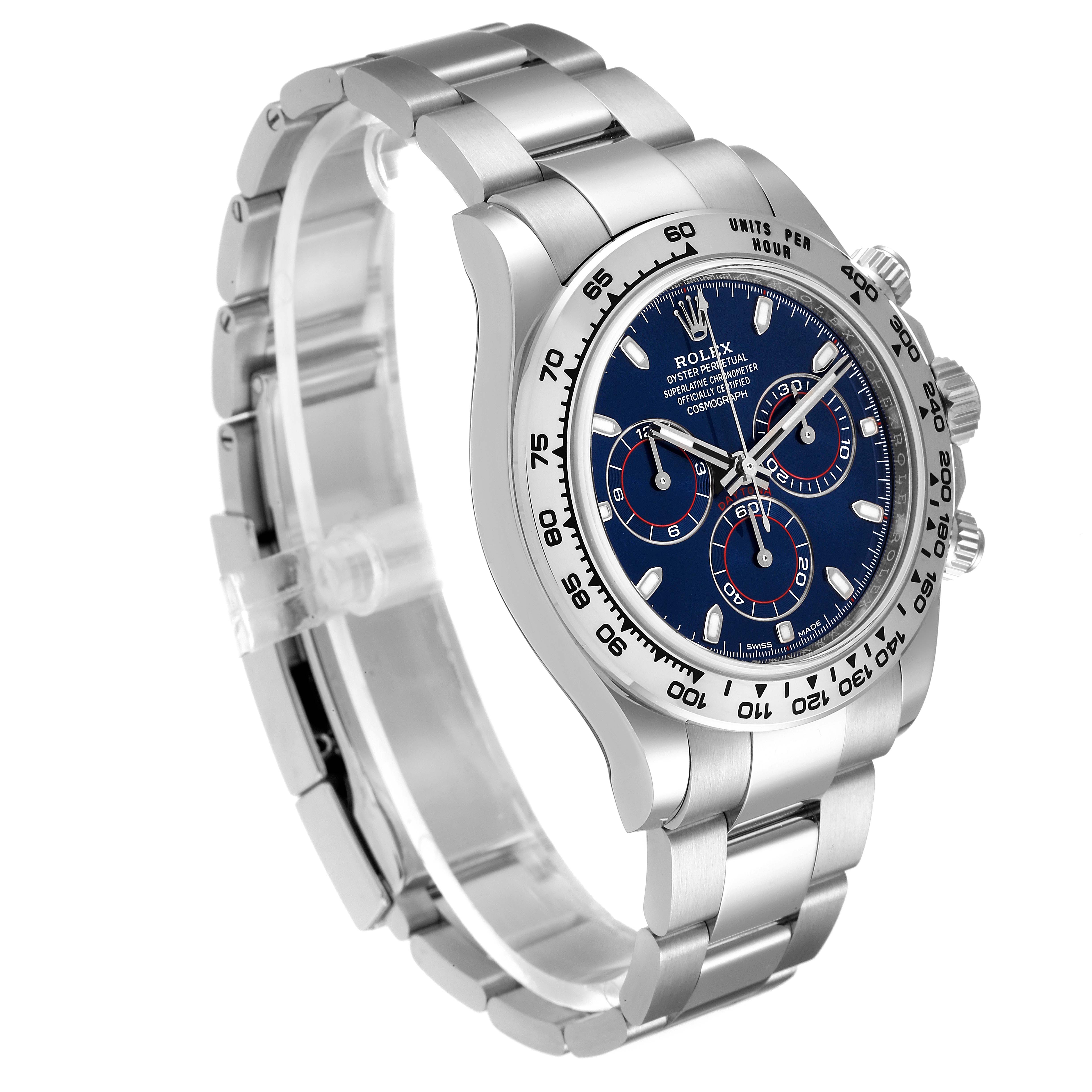 The image shows a Rolex Daytona 116509 Men's White Gold Blue Dial 116509 Men's White Gold Blue Dial watch at a slight left side angle, highlighting the bezel, dial, and bracelet.