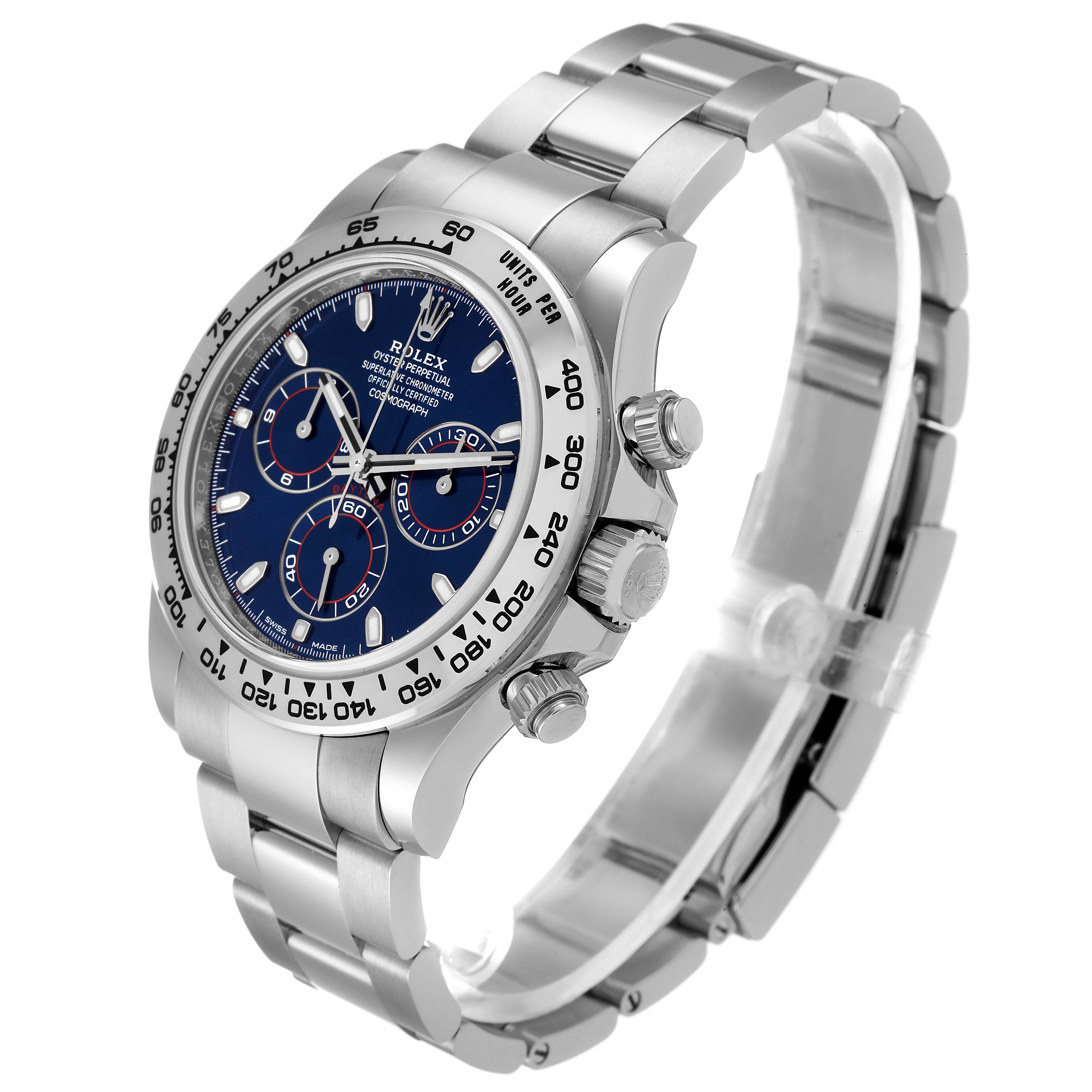 The image shows a side angle of the Rolex Daytona 116509 Men's White Gold Blue Dial 116509 Men's White Gold Blue Dial model watch, highlighting the face, crown, pushers, and bracelet.