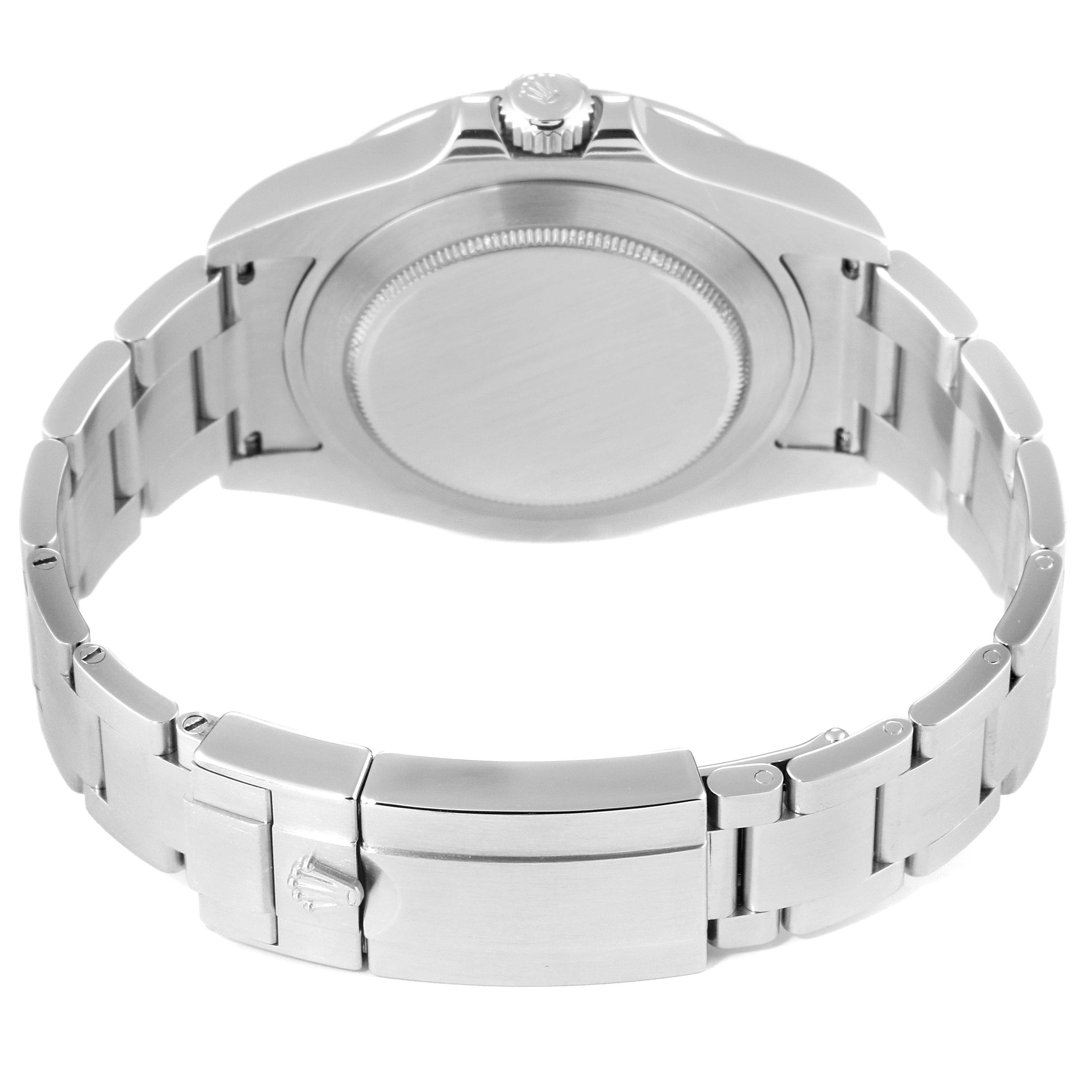 The image shows the back view of a Rolex Explorer 216570 Men
s Stainless Steel White Dial 216570 Men
s Stainless Steel White Dial watch, focusing on the case back, crown, and bracelet with the clasp.