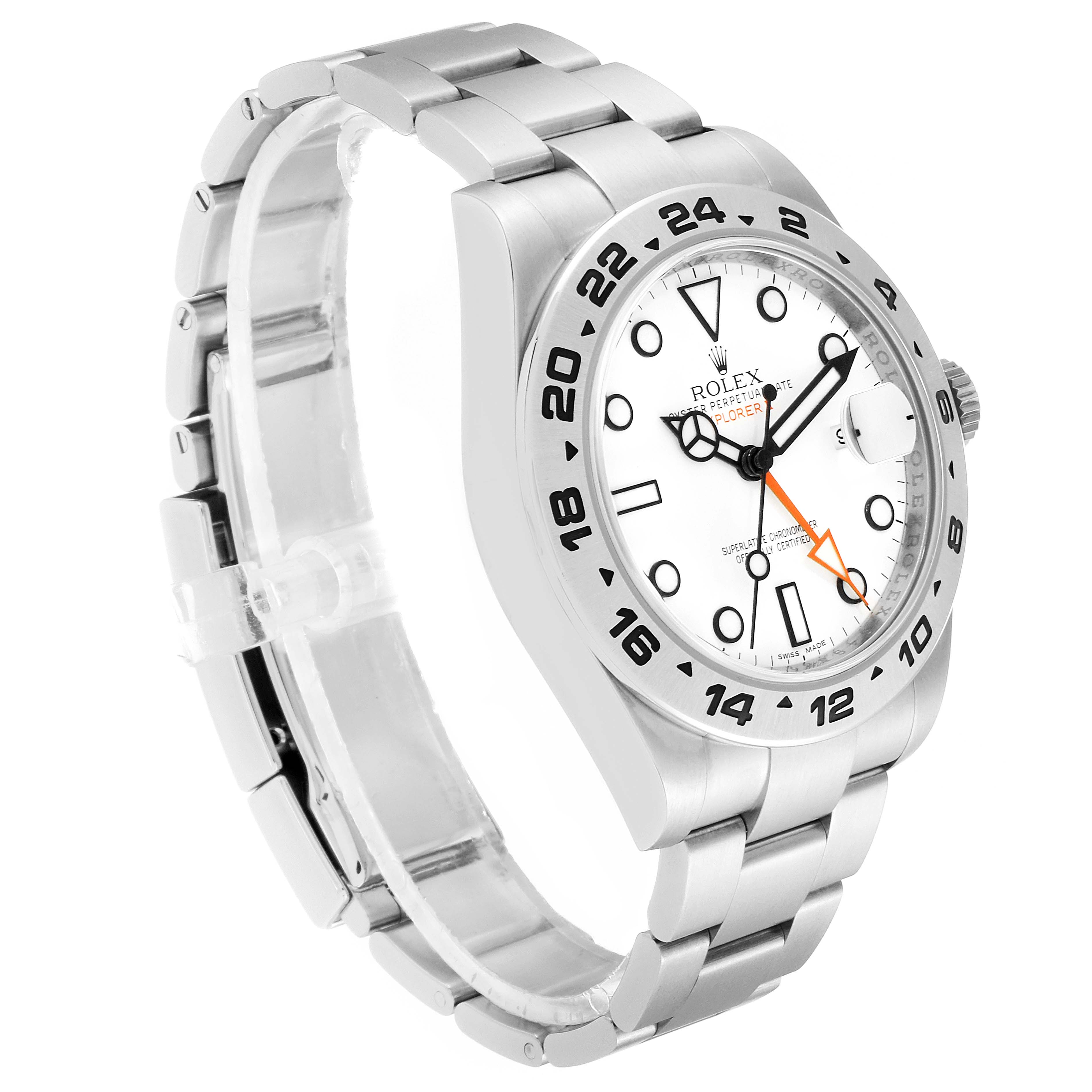 The Rolex Explorer 216570 Men
s Stainless Steel White Dial 216570 Men
s Stainless Steel White Dial watch is shown at an angled view, highlighting its bezel, dial, and bracelet.