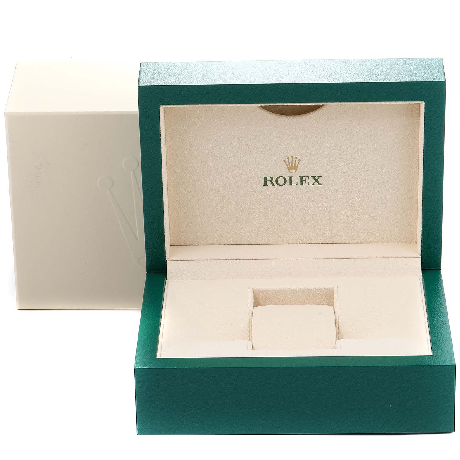 The image shows an open box for a Rolex Explorer 216570 Men
s Stainless Steel White Dial 216570 Men
s Stainless Steel White Dial, featuring the branded green-and-cream interior and exterior.