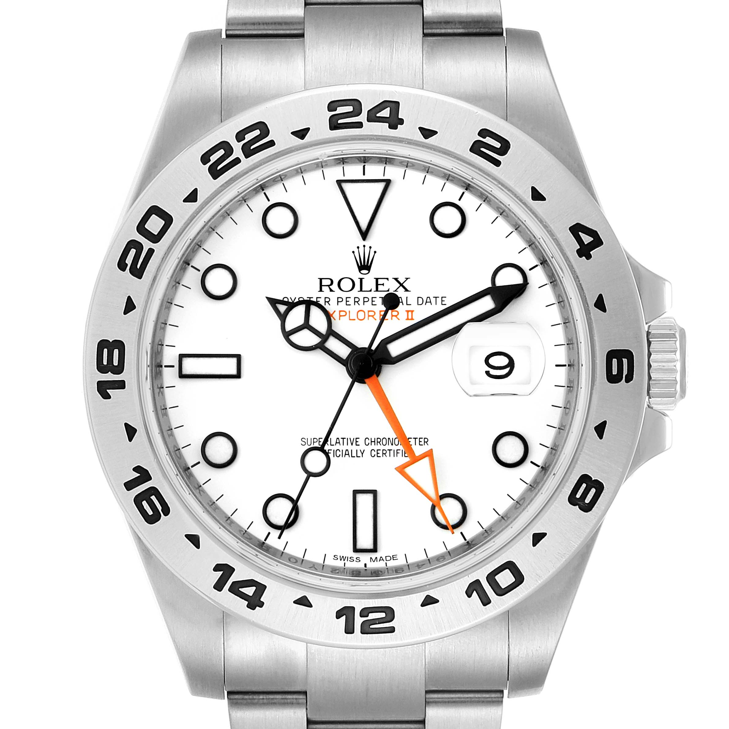 The image shows a front view of the Rolex Explorer 216570 Men
s Stainless Steel White Dial 216570 Men
s Stainless Steel White Dial watch, displaying the dial, hands, bezel, and part of the bracelet.