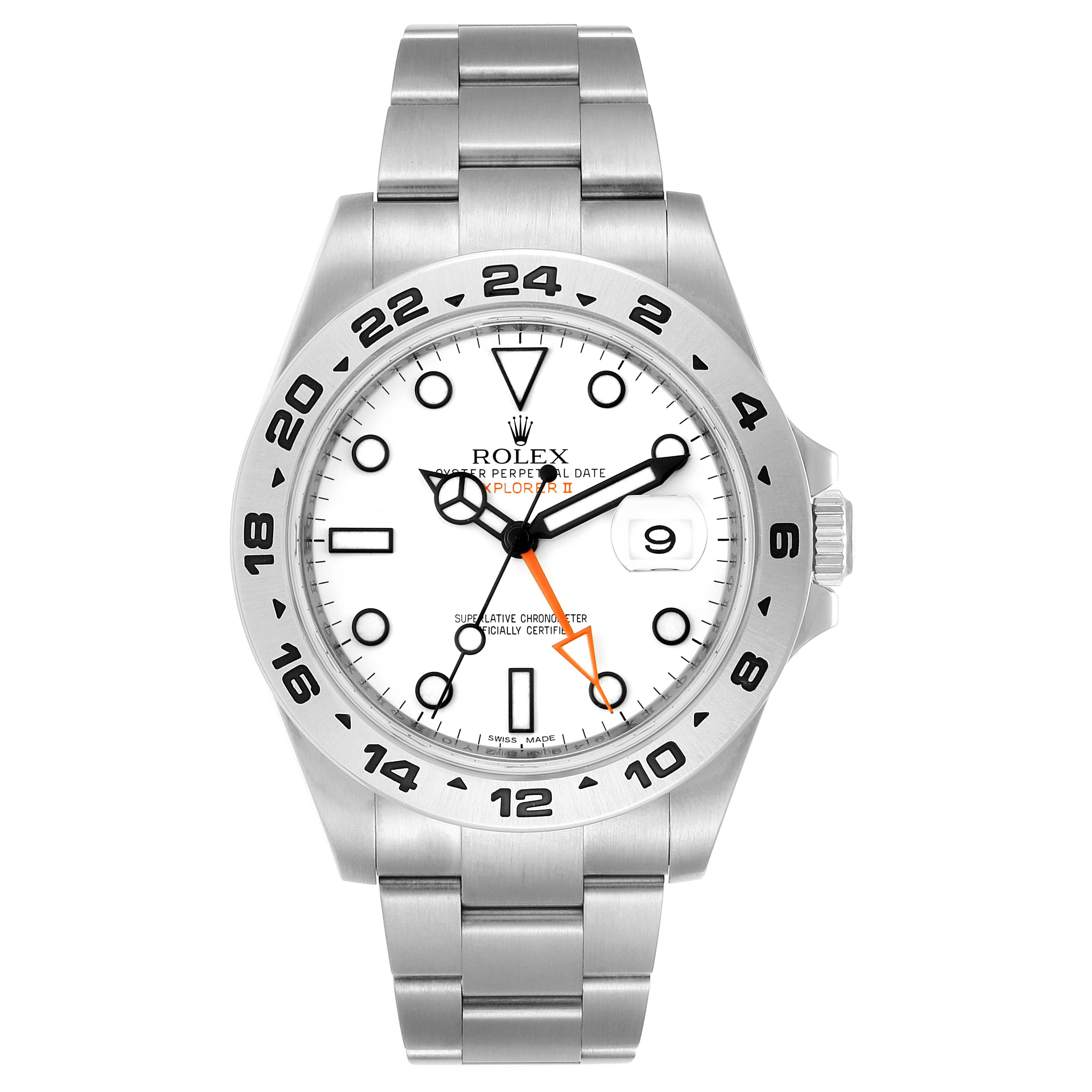 The image shows a front view of a Rolex Explorer 216570 Men
s Stainless Steel White Dial 216570 Men
s Stainless Steel White Dial watch, including its stainless steel bracelet, bezel, and face.