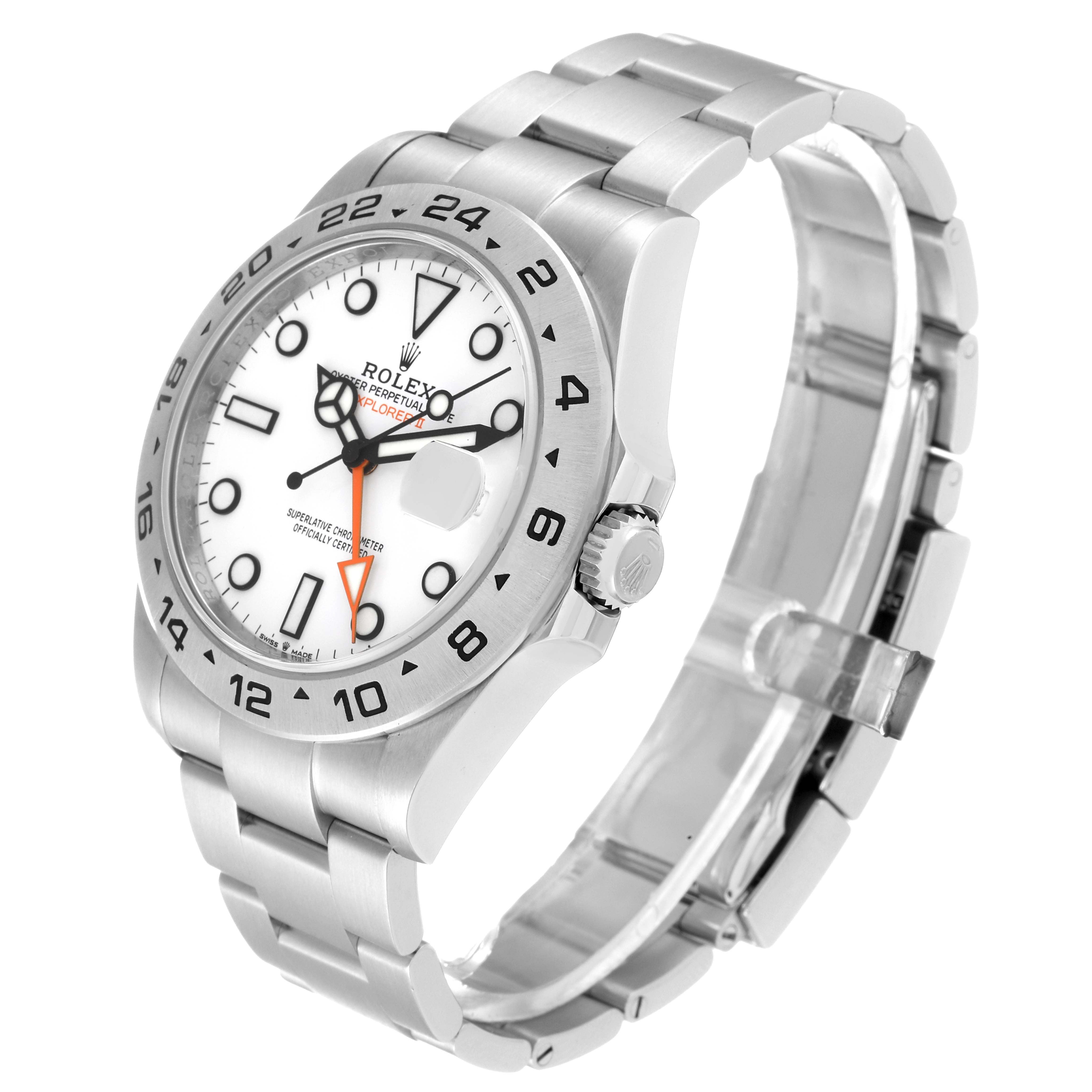 The Rolex Explorer 226570 Men
s Stainless Steel White Dial 226570 Men
s Stainless Steel White Dial model watch is shown from a three-quarter view, displaying its face, bezel, crown, and bracelet.