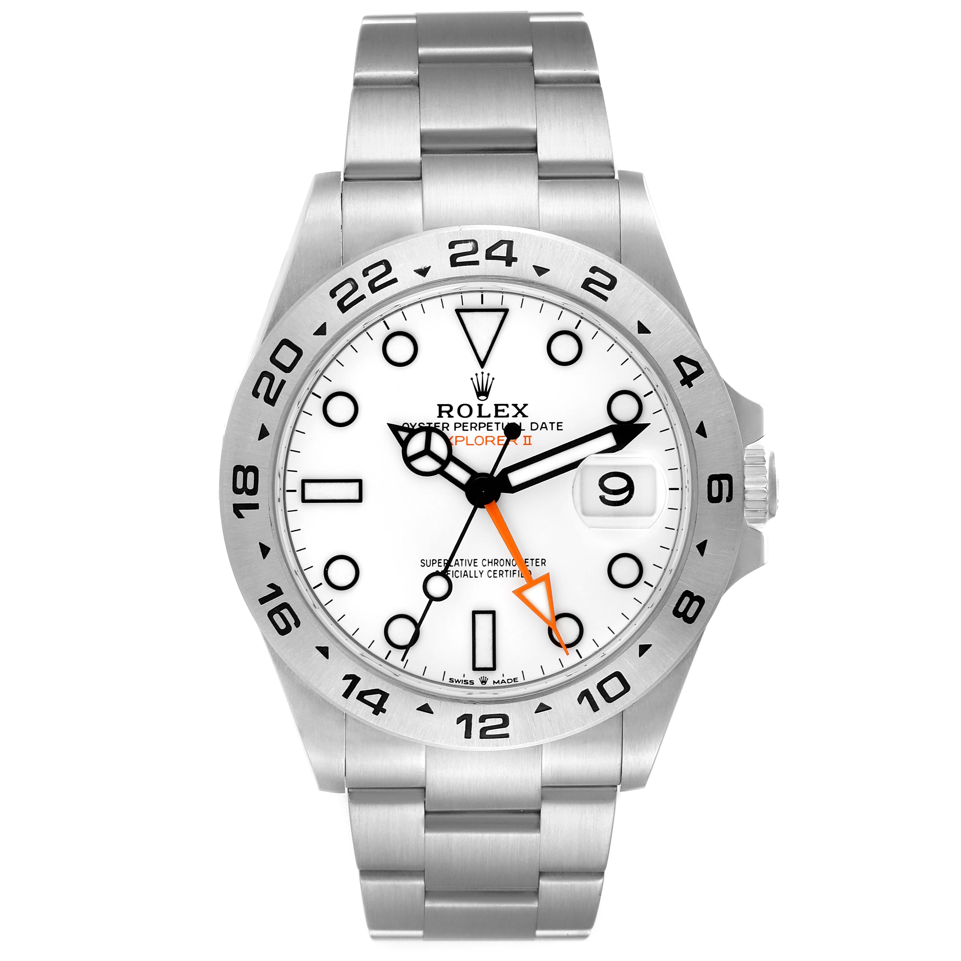 The Rolex Explorer 226570 Men
s Stainless Steel White Dial 226570 Men
s Stainless Steel White Dial watch is shown from a front view, displaying the dial, bezel, bracelet, and crown.