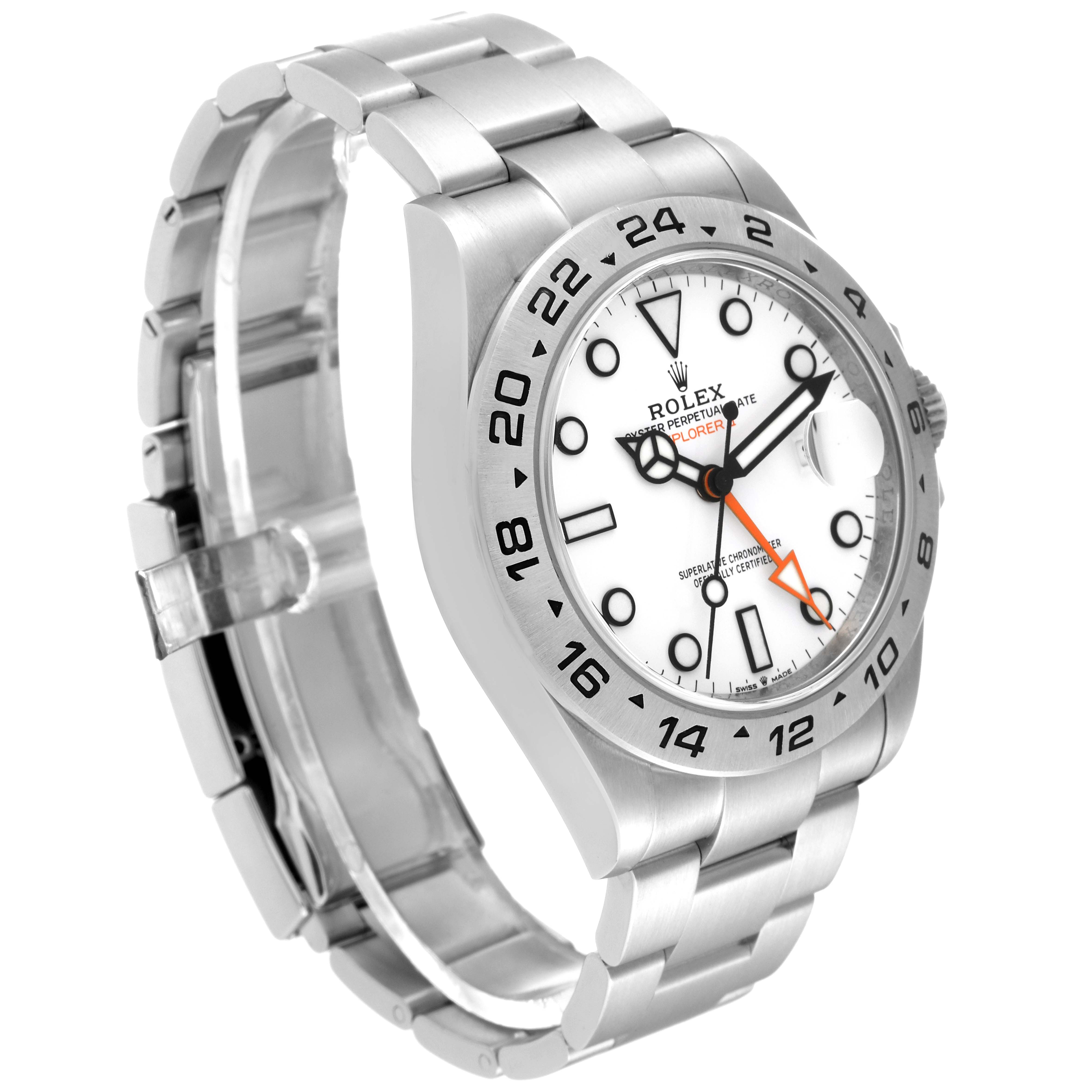 The Rolex Explorer 226570 Men
s Stainless Steel White Dial 226570 Men
s Stainless Steel White Dial watch is shown at a three-quarter angle, highlighting the face, bezel, and bracelet.