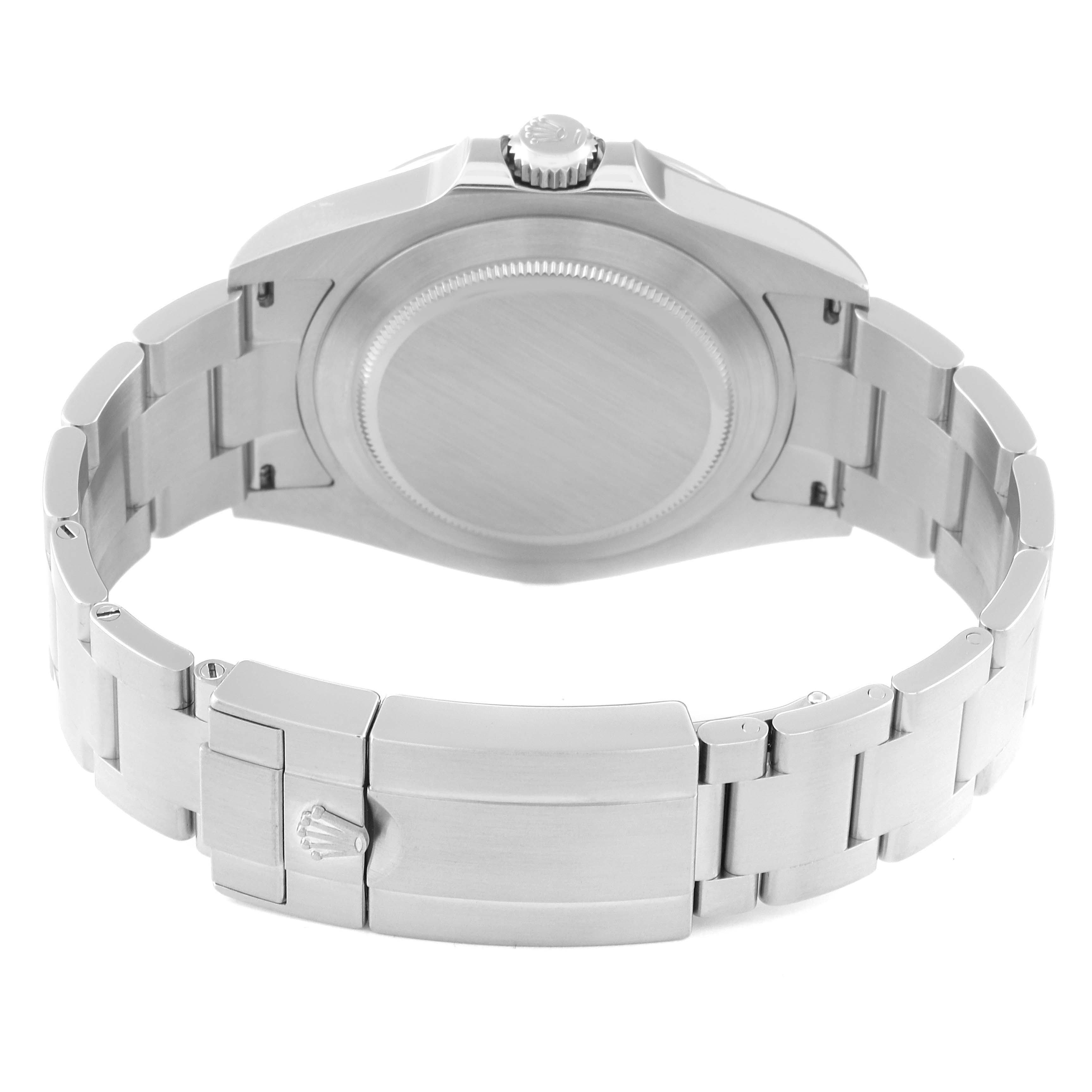 The image shows the back view of the Rolex Explorer 226570 Men
s Stainless Steel White Dial 226570 Men
s Stainless Steel White Dial watch, highlighting the case back and the bracelet with the clasp.