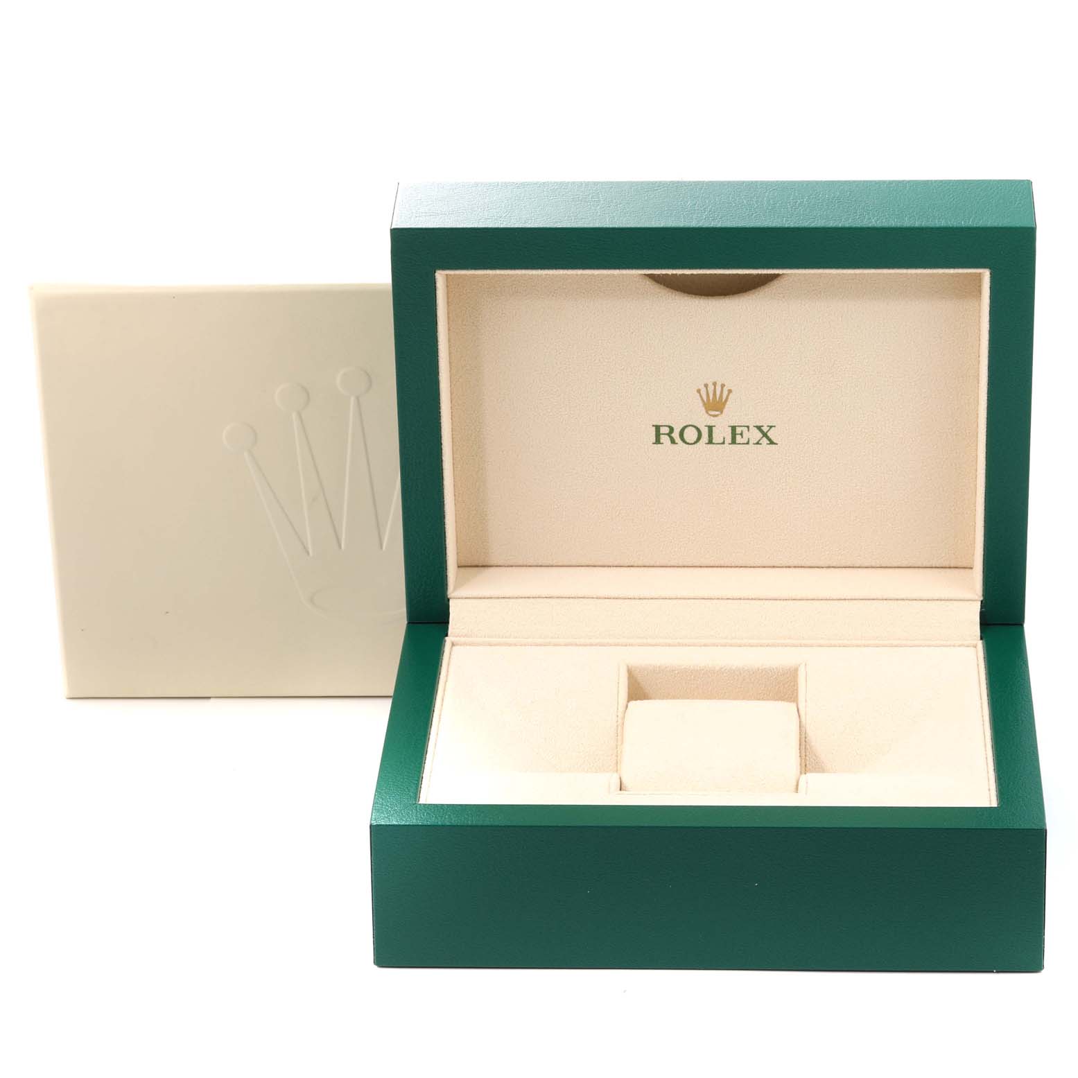 This image shows the open box for the Rolex Explorer 226570 Men
s Stainless Steel White Dial 226570 Men
s Stainless Steel White Dial model, with branding prominently displayed inside.