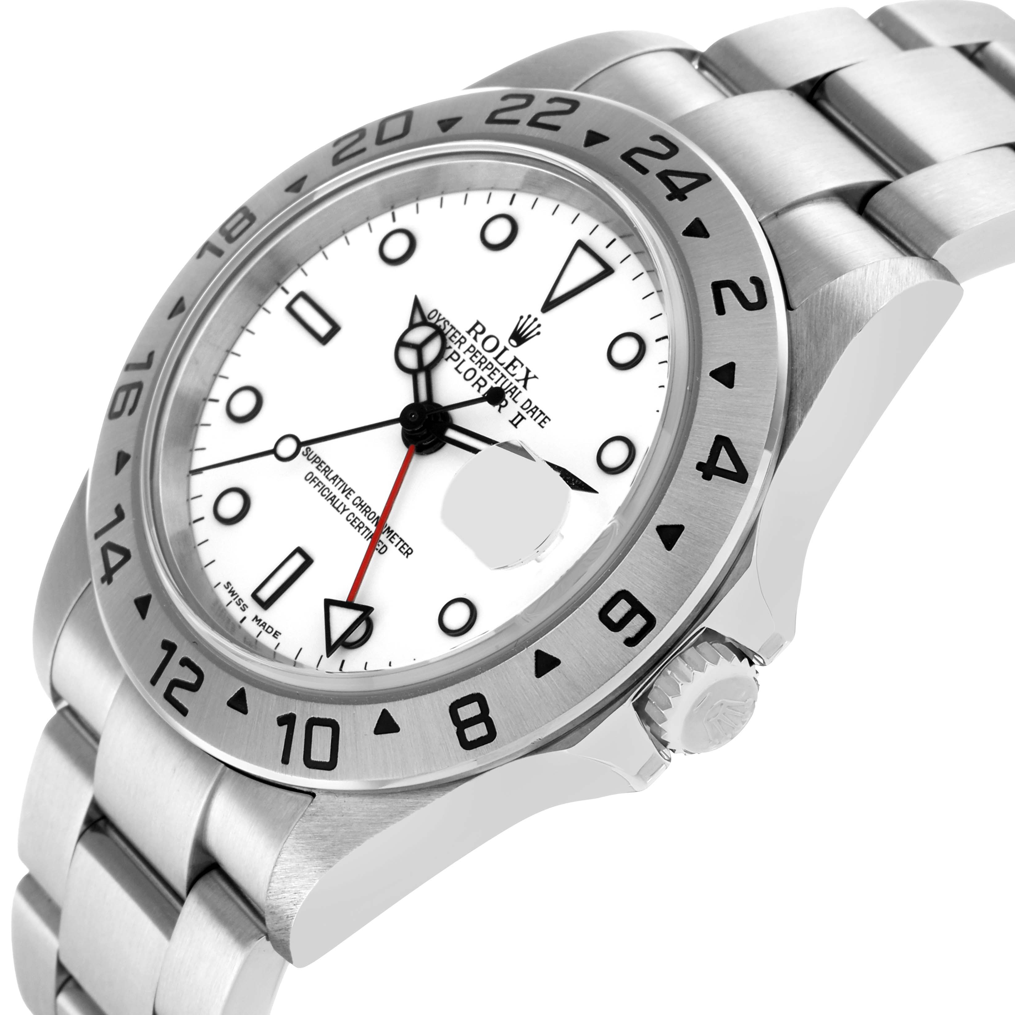 The Rolex Explorer 16570 Men's Stainless Steel White Dial watch is shown at an angled view, highlighting the bezel, crown, bracelet, and white dial with prominent markings.