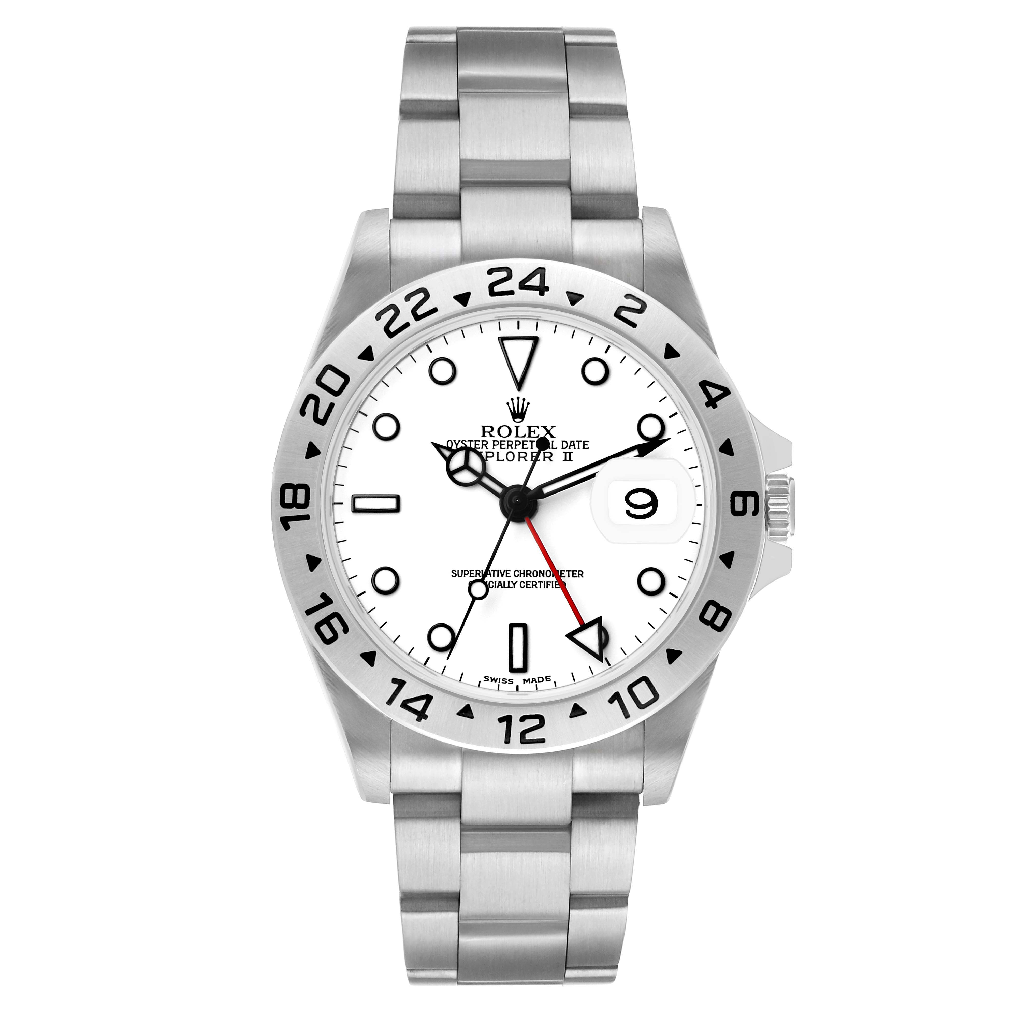 The Rolex Explorer 16570 Men's Stainless Steel White Dial model watch is shown from a front angle, displaying its dial, bezel, and bracelet.