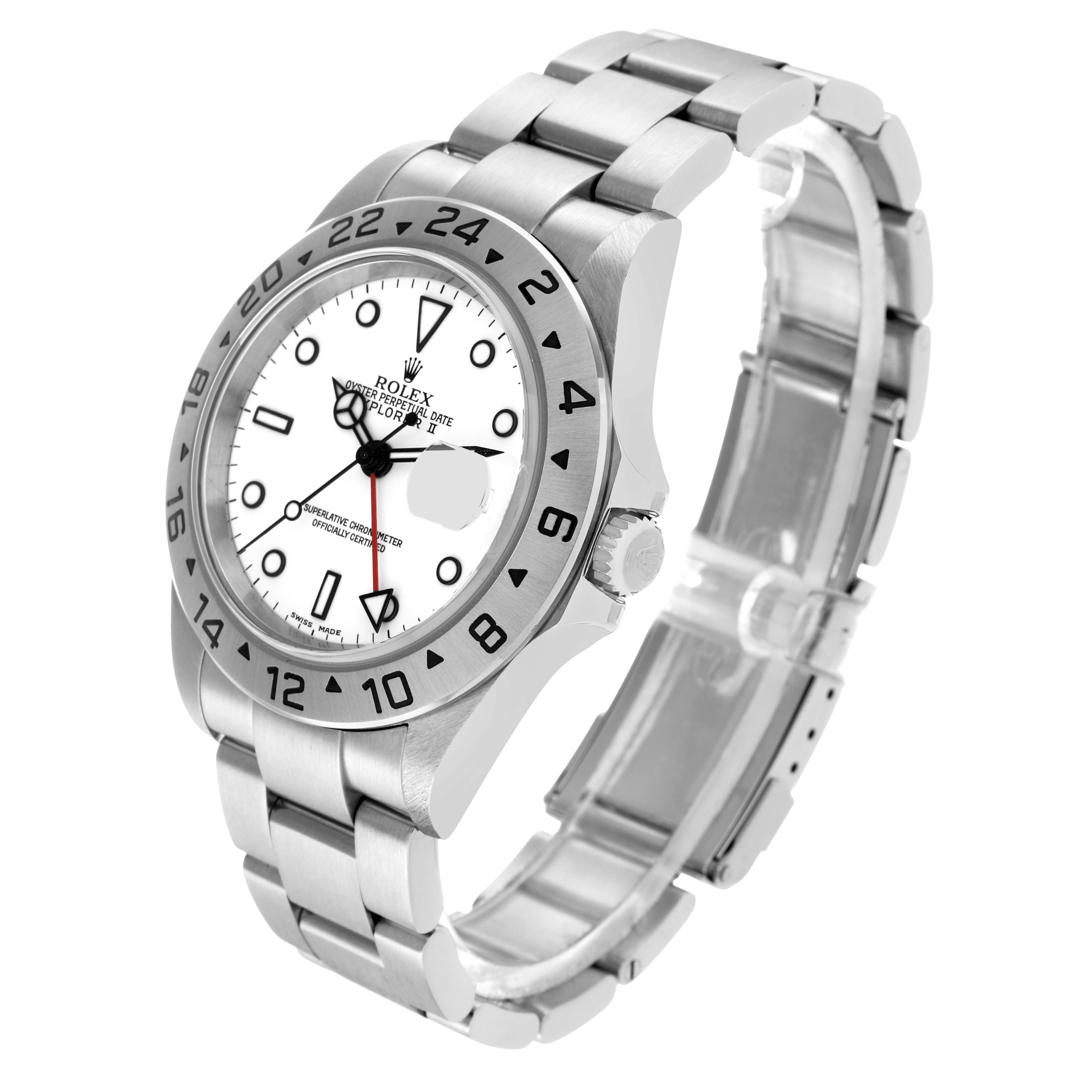 The Rolex Explorer 16570 Men's Stainless Steel White Dial watch is shown at an angled side view, highlighting the dial, bezel, and part of the bracelet.