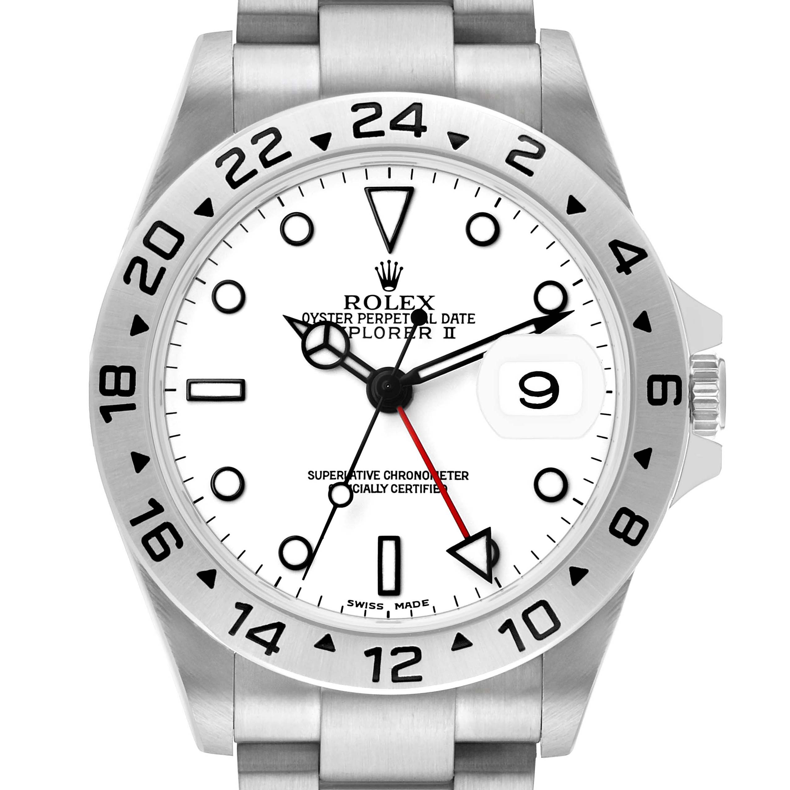 The Rolex Explorer 16570 Men's Stainless Steel White Dial II watch is shown from a front angle, highlighting the dial, bezel, date display, and bracelet.