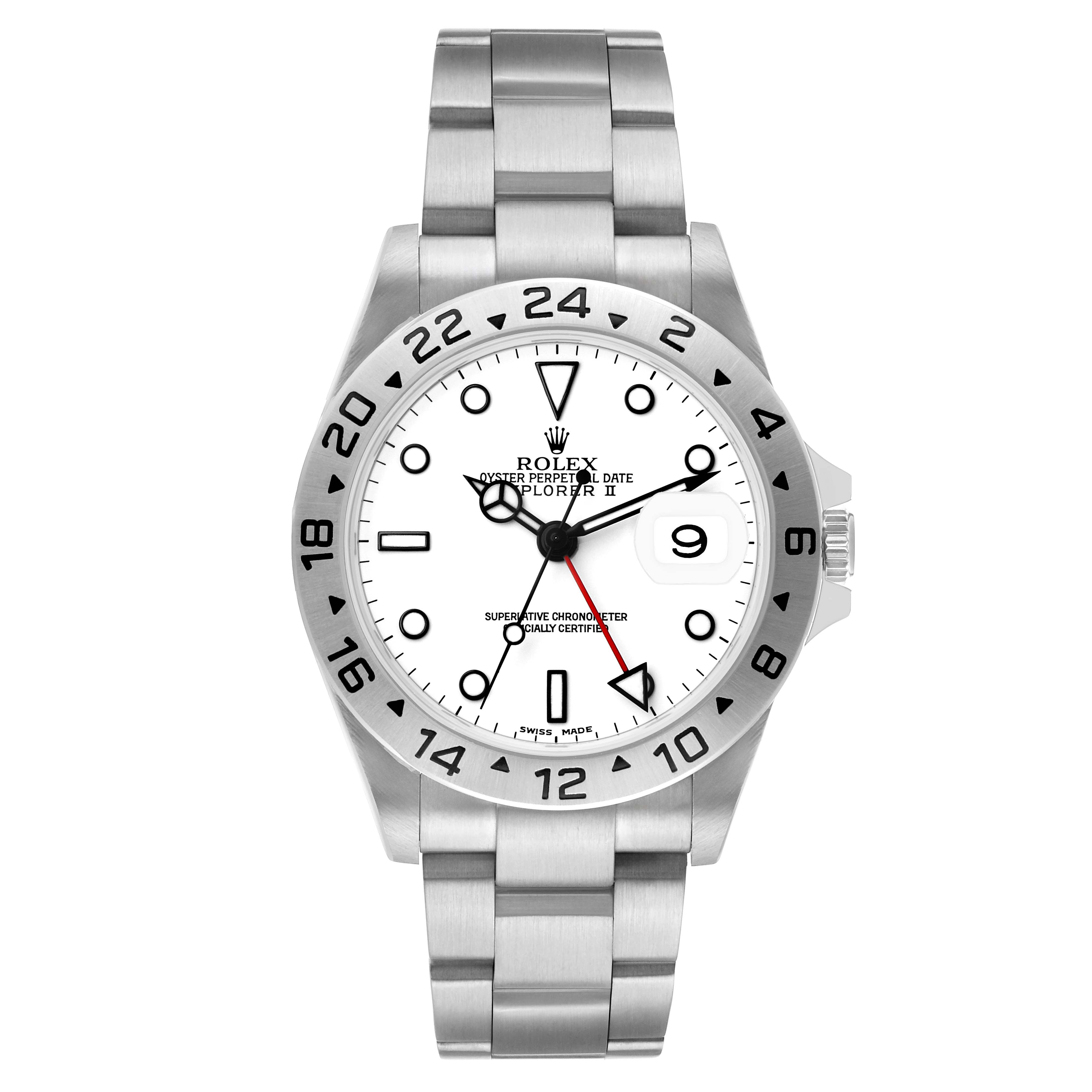 The Rolex Explorer 16570 Men's Stainless Steel White Dial watch is shown from the front, displaying the dial, bezel, and bracelet.