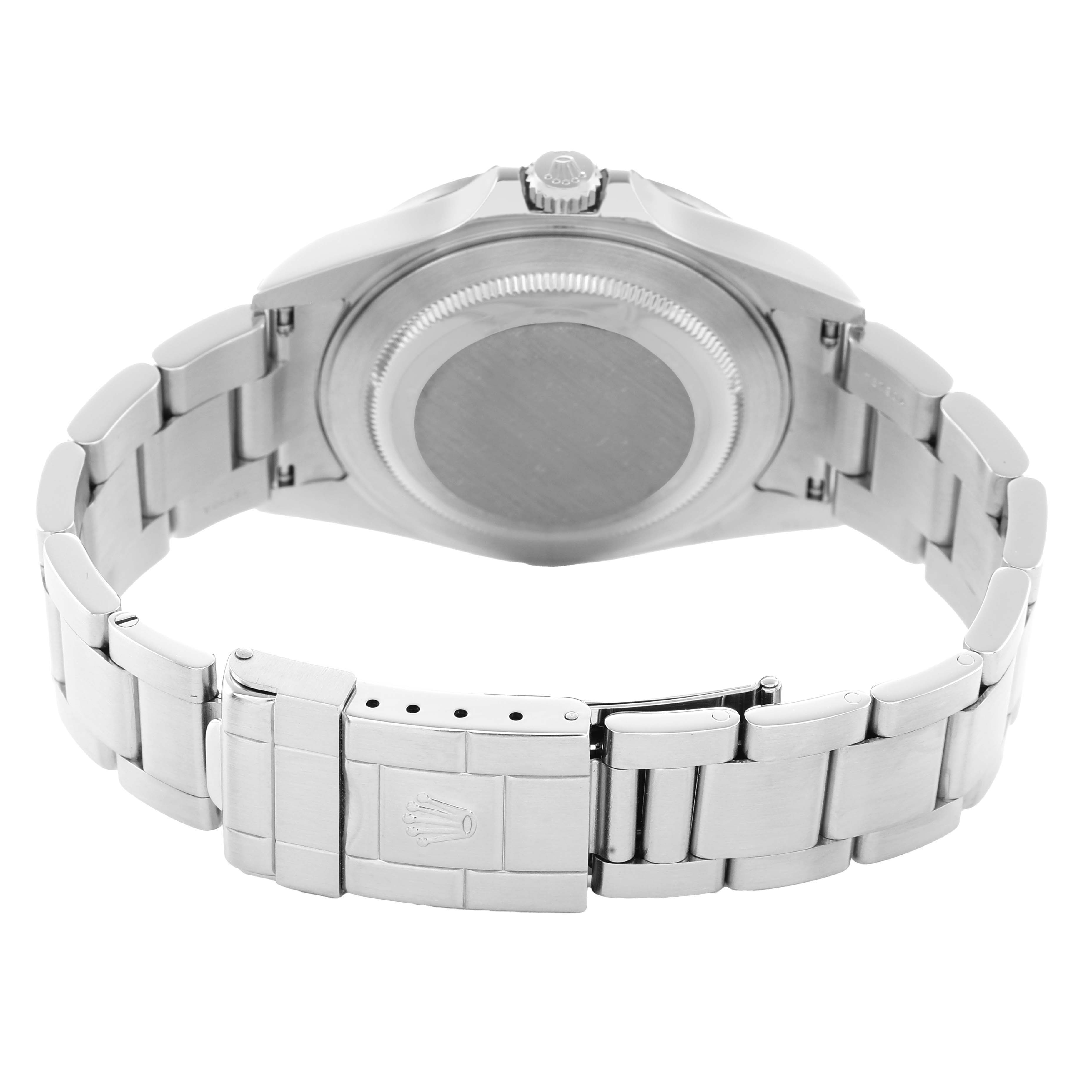 The Rolex Explorer 16570 Men's Stainless Steel White Dial watch is shown from the back, highlighting the case back, crown, and bracelet with the clasp open.