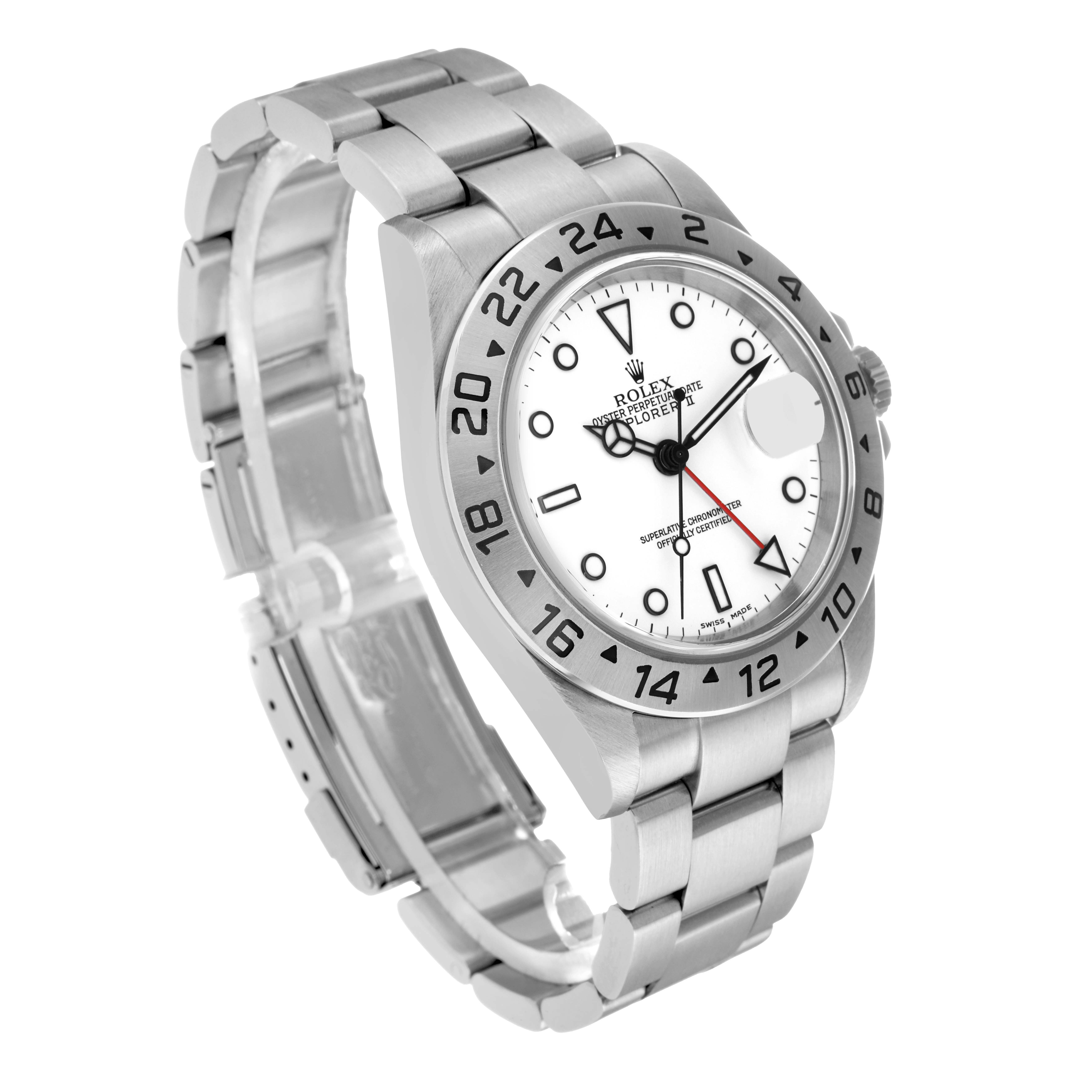 The Rolex Explorer 16570 Men's Stainless Steel White Dial watch is shown from an angled side view, highlighting the face, bezel, and bracelet.