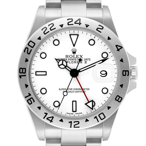 The Rolex Explorer 16570 Men's Stainless Steel White Dial II is shown from a front angle, highlighting the bezel, dial, hands, and crown.