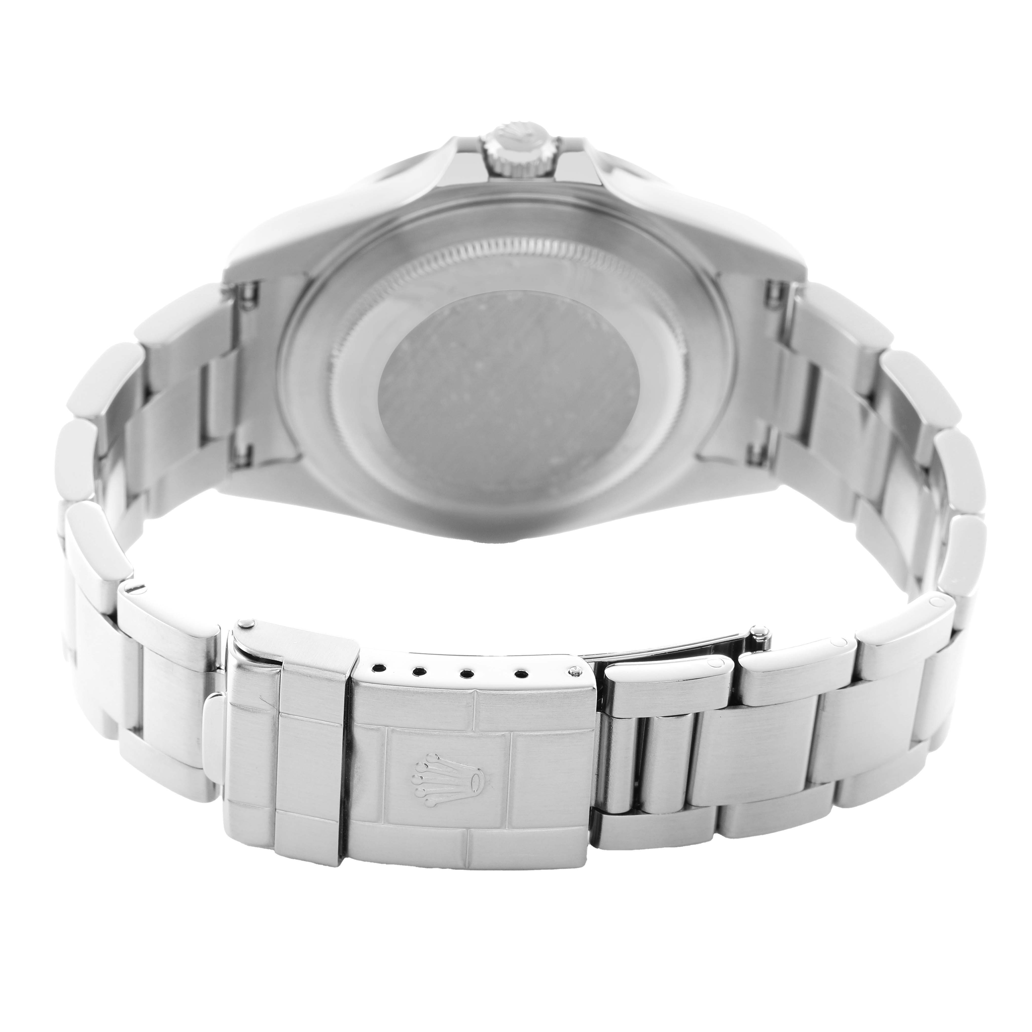 The image shows the back and clasp of a Rolex Explorer 16570 Men's Stainless Steel White Dial watch from a rear angle.