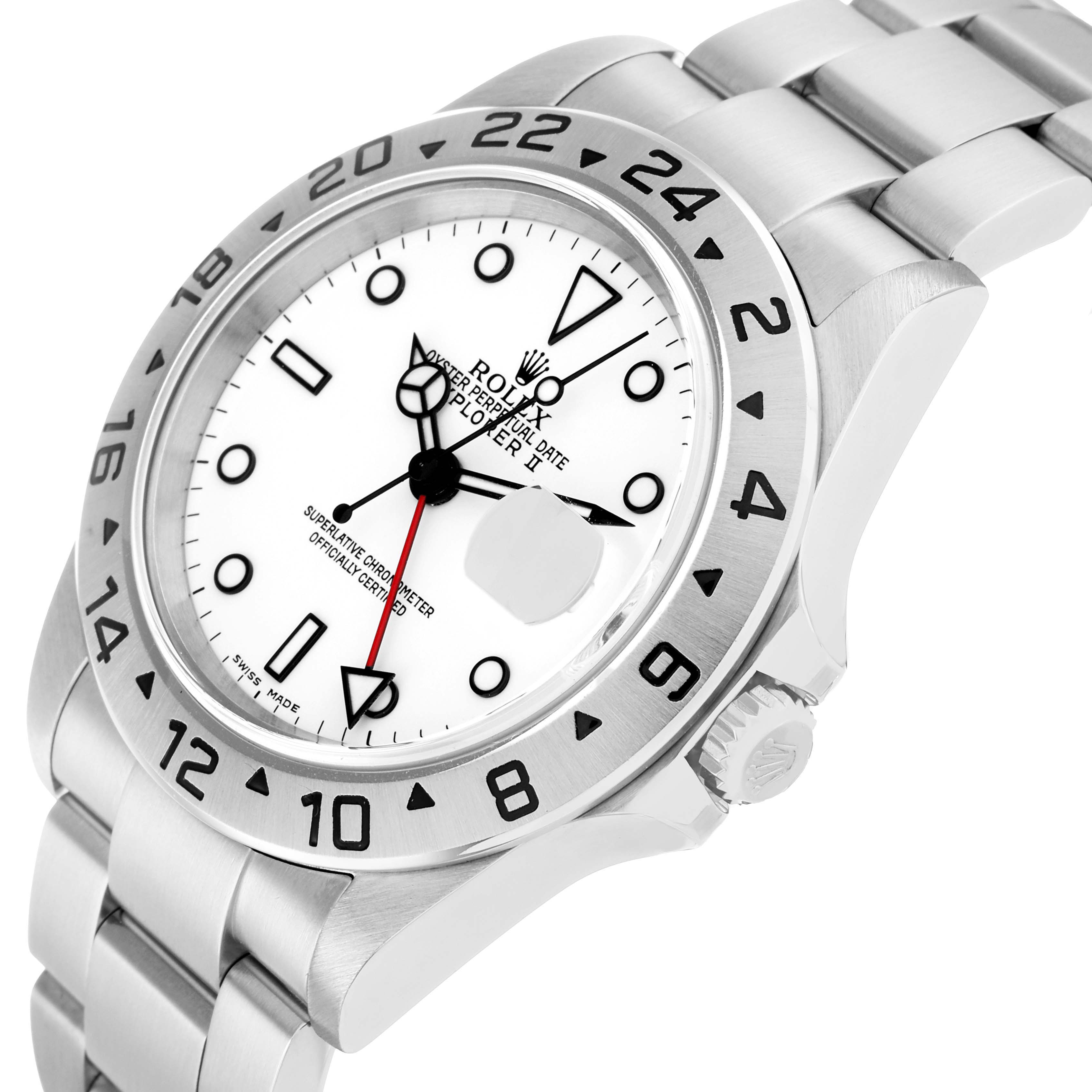 The Rolex Explorer 16570 Men's Stainless Steel White Dial watch is shown at an angled view, highlighting the face, bezel, crown, and part of the bracelet.