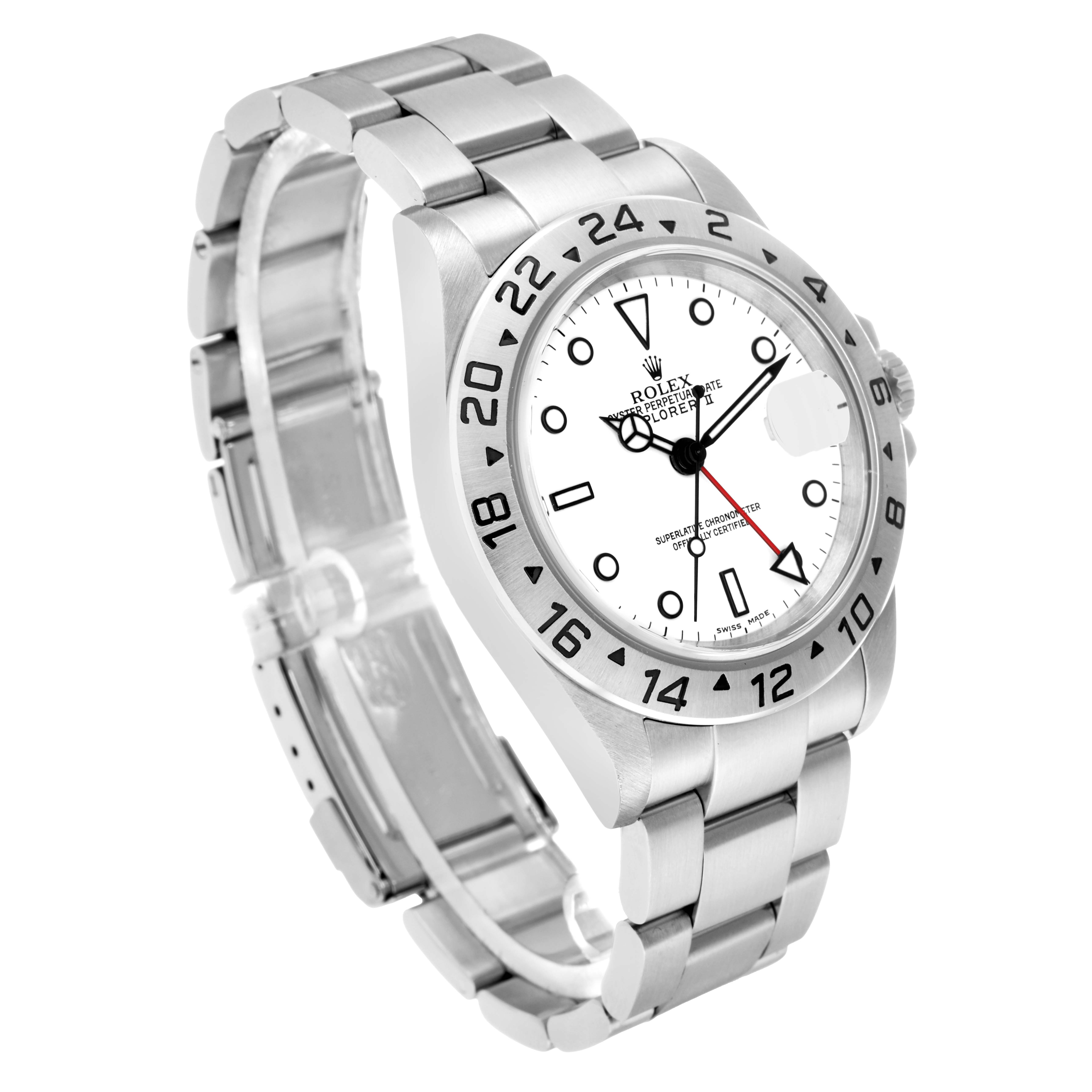 The Rolex Explorer 16570 Men's Stainless Steel White Dial watch is shown at an angle highlighting the bracelet, case, and dial with the bezel and crown visible.