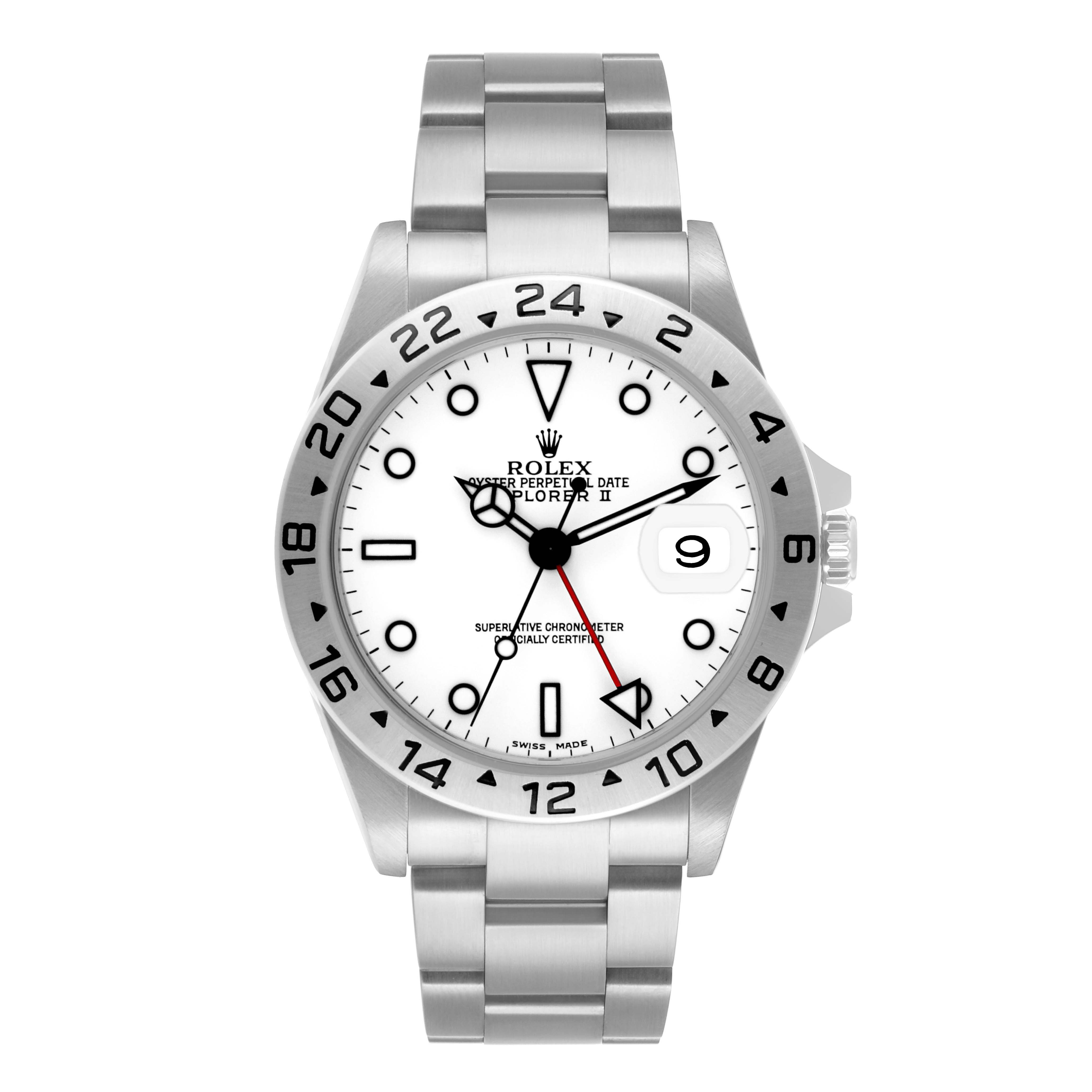 The Rolex Explorer 16570 Men's Stainless Steel White Dial model is shown from a front angle, featuring the dial, bezel, bracelet, and crown.