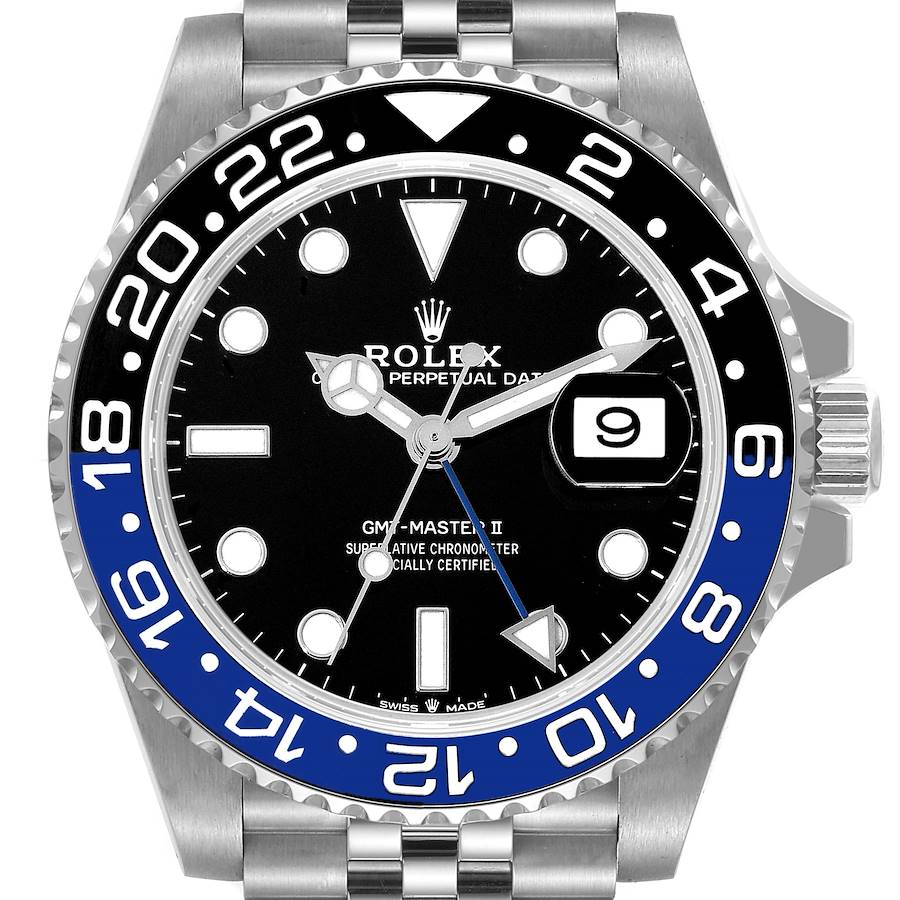 The image shows a frontal view of the Rolex GMT-Master II, highlighting the bezel, dial, and crown.