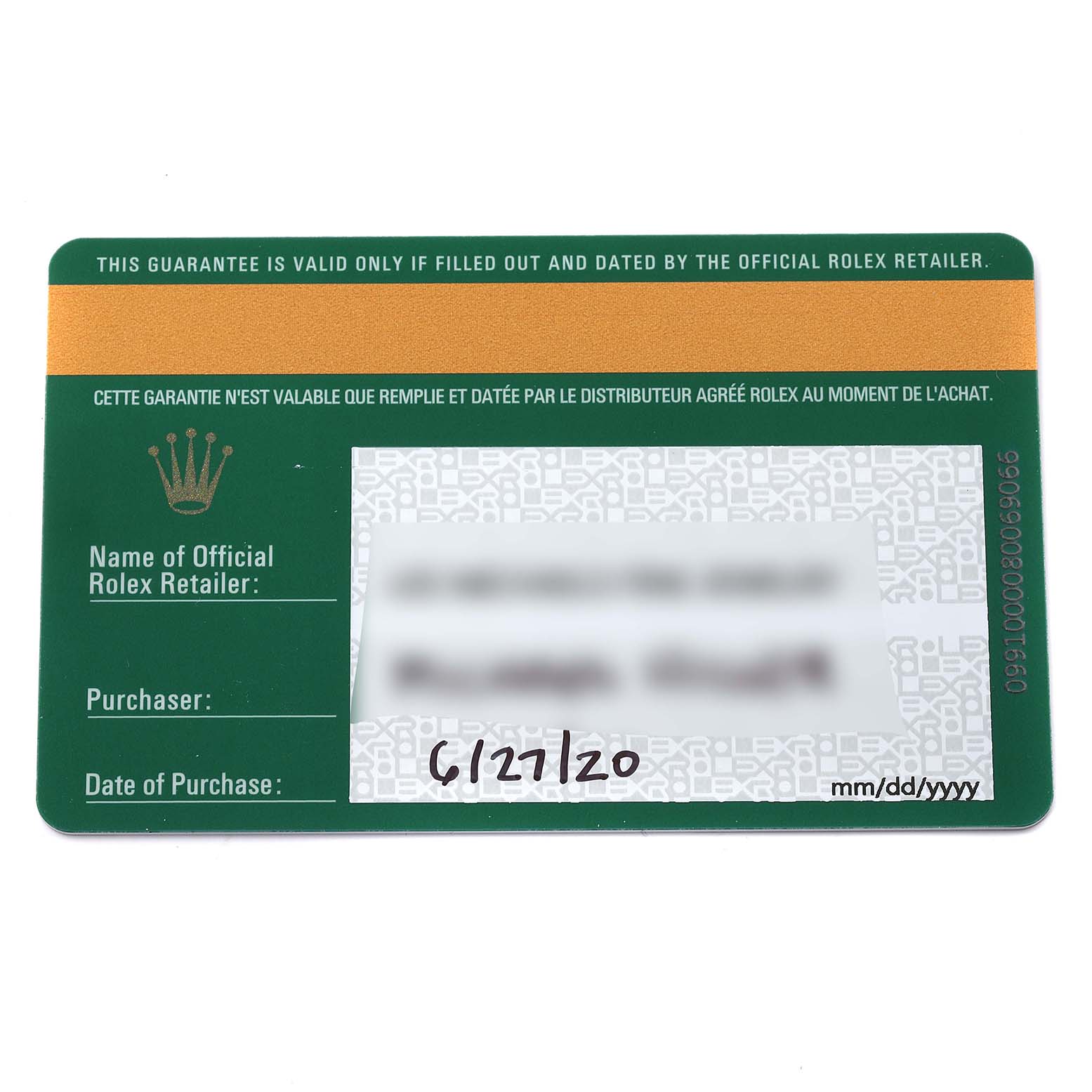 The image shows a warranty card for a Rolex GMT-Master 126710 Men
s Stainless Steel Black Dial 126710 Men
s Stainless Steel Black Dial watch.