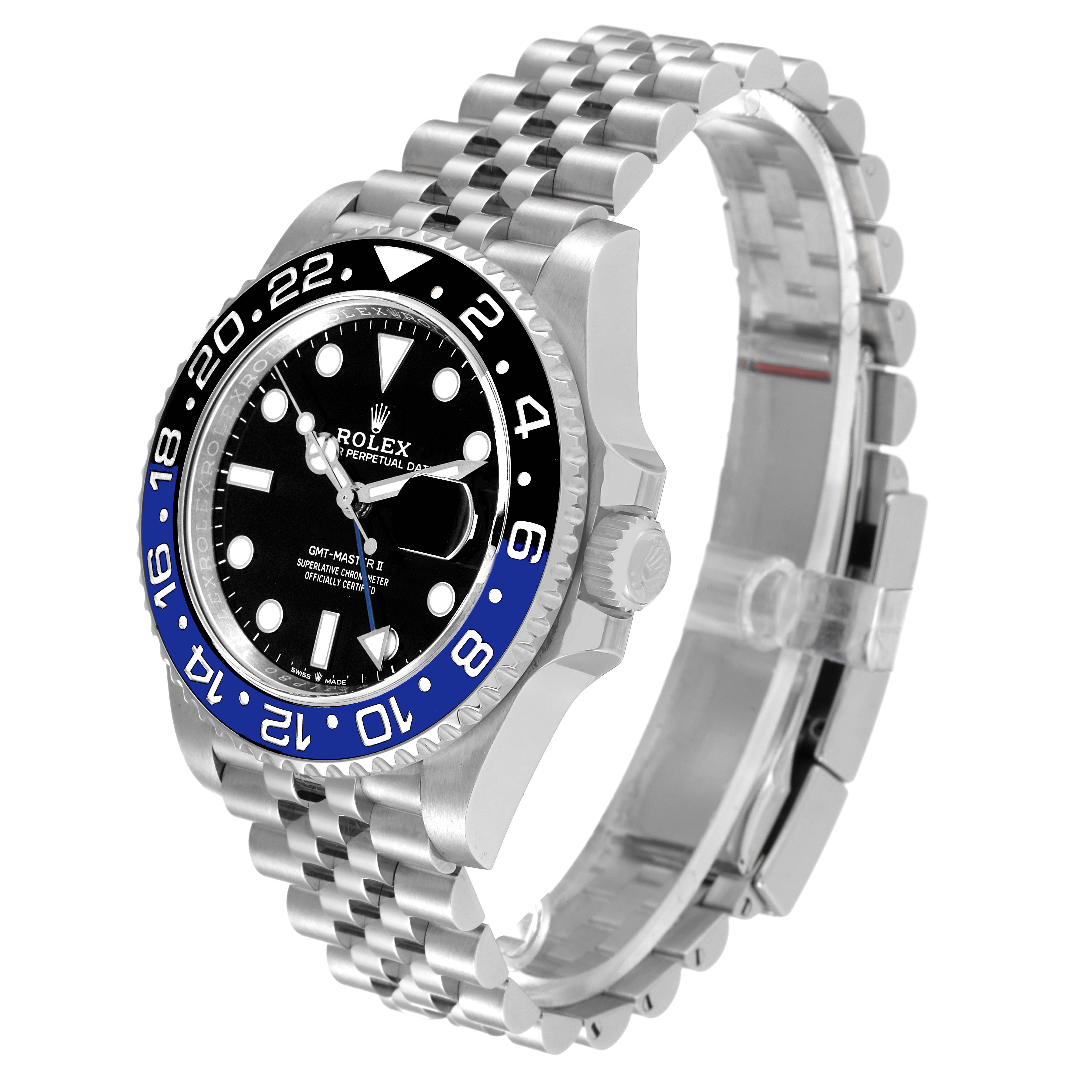 The Rolex GMT-Master 126710 Men
s Stainless Steel Black Dial 126710 Men
s Stainless Steel Black Dial watch is shown at a three-quarter angle, highlighting the bezel, dial, and Jubilee bracelet.